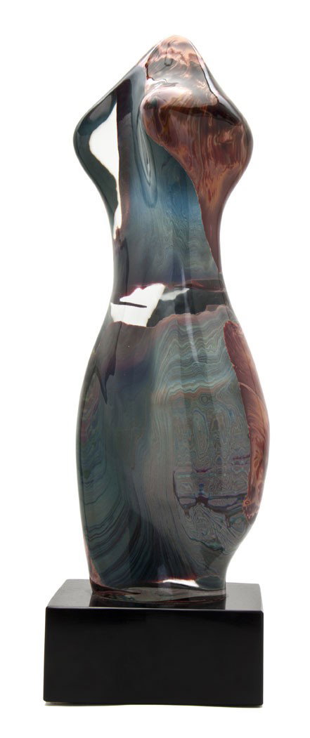 A Murano Glass Sculpture, Dino Rosin, Height 21 1: A Murano Glass Sculpture, Dino Rosin, depicting a stylized female figure in Calcedonia glass, set on a rectangular base. Height 21 1/4 inches.
