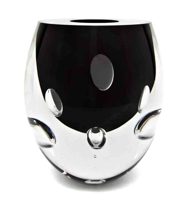 A Finnish Art Glass Vase, Timo Sarpaneva, Height: A Finnish Art Glass Vase, Timo Sarpaneva, of ovoid form with controlled internal air bubble decoration and a black interior, base signed Timo Sarpaneva 17/1985. Height 8 1/4 inches.