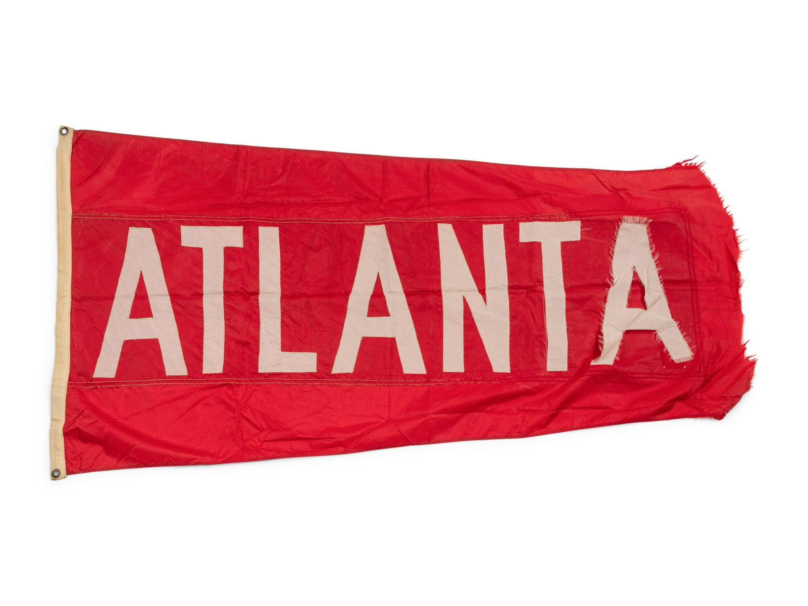 An Atlanta Flag Once Flown on Wrigley Field Scoreboard Collected by Former Chicago Cubs Wrigley: An Atlanta Flag Once Flown on Wrigley Field Scoreboard Collected by Former Chicago Cubs Wrigley Field Head Scorekeeper Property from The Collection of Wrigley Field Head Scorekeeper Brian Helmus