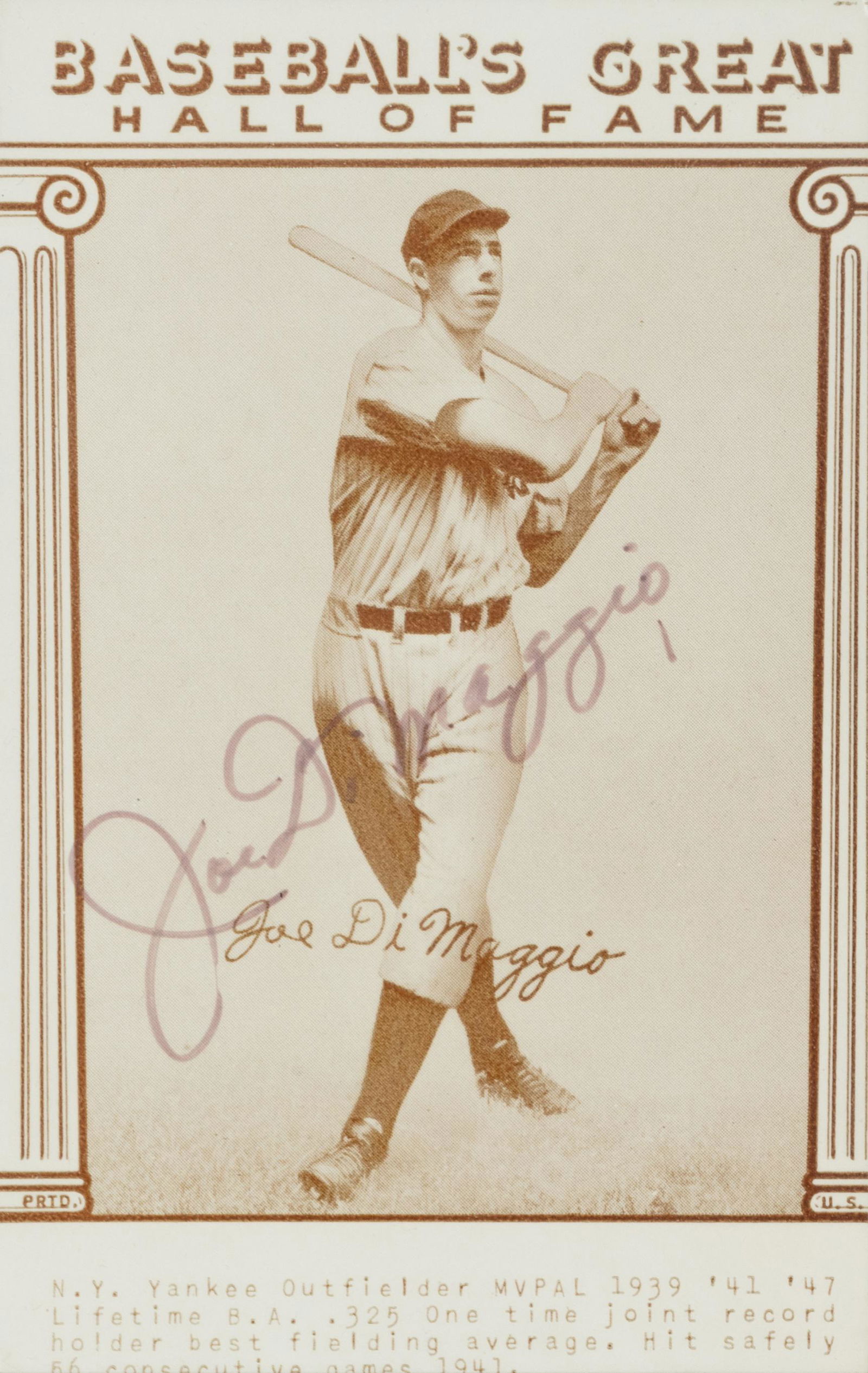 A Joe DiMaggio Signed Autograph 1976 Galasso Baseball's Great Hall of Fame Card (Beckett (1 of 2)