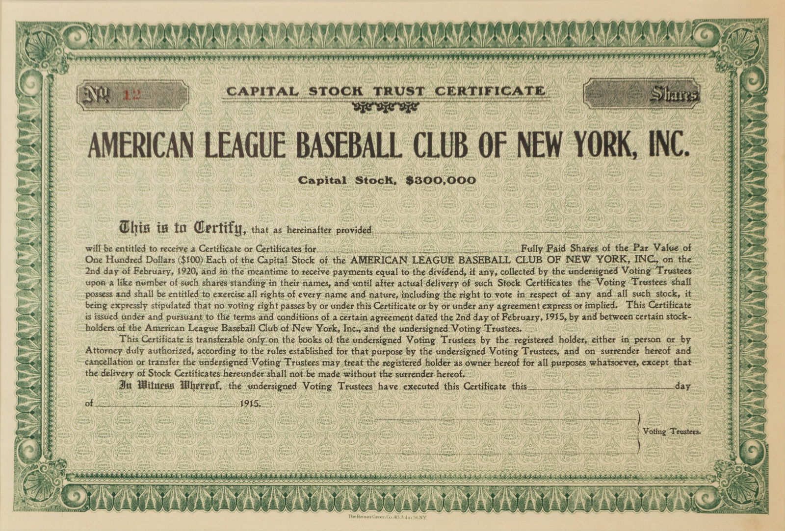 A 1915 New York Yankees Stock Certificate, (1 of 2)
