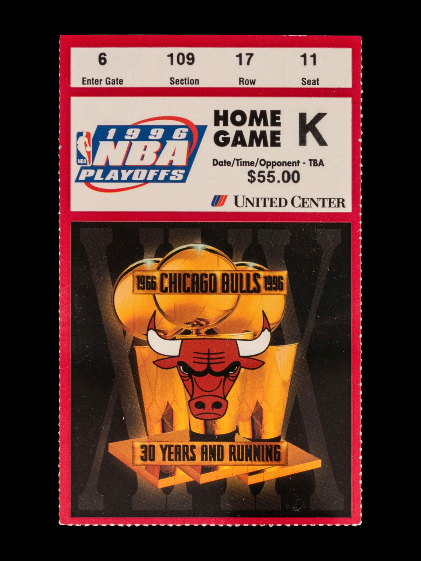 A 1996 Chicago Bulls vs. Seattle SuperSonics NBA Finals Game 6 Ticket Stub (Chicago Bulls and (1 of 2)