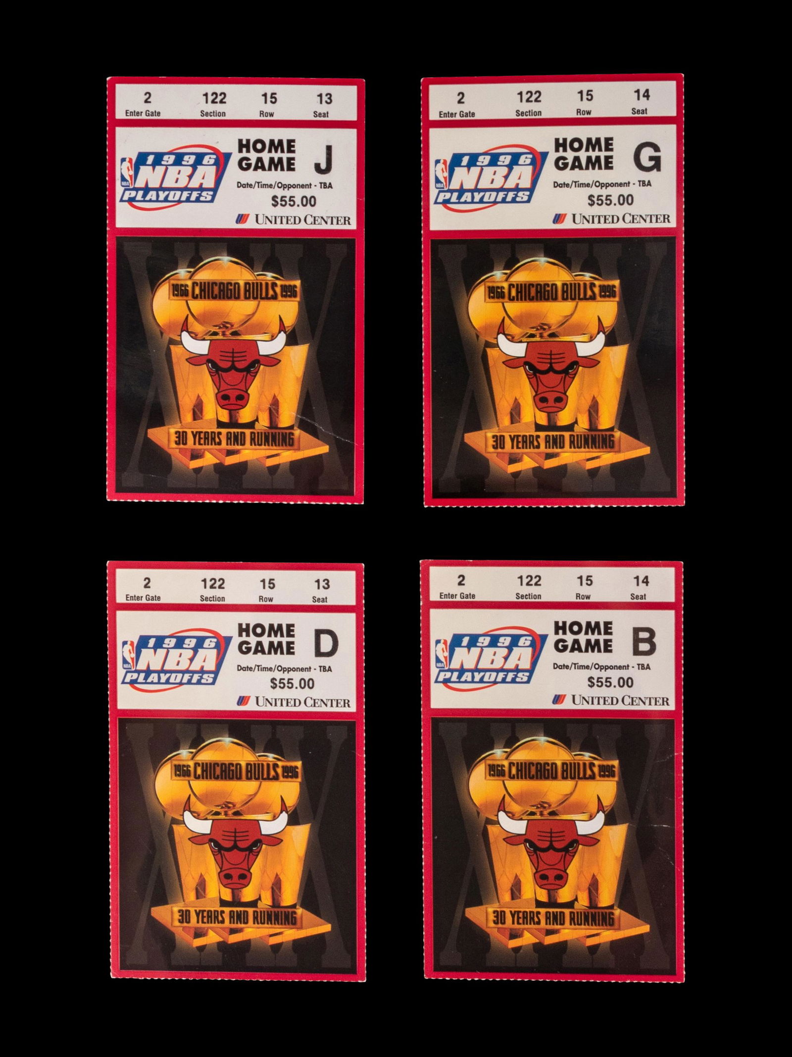 A Group of Four 1996 NBA Playoffs and Finals Chicago Bulls Michael Jordan Ticket Stubs, (1 of 3)
