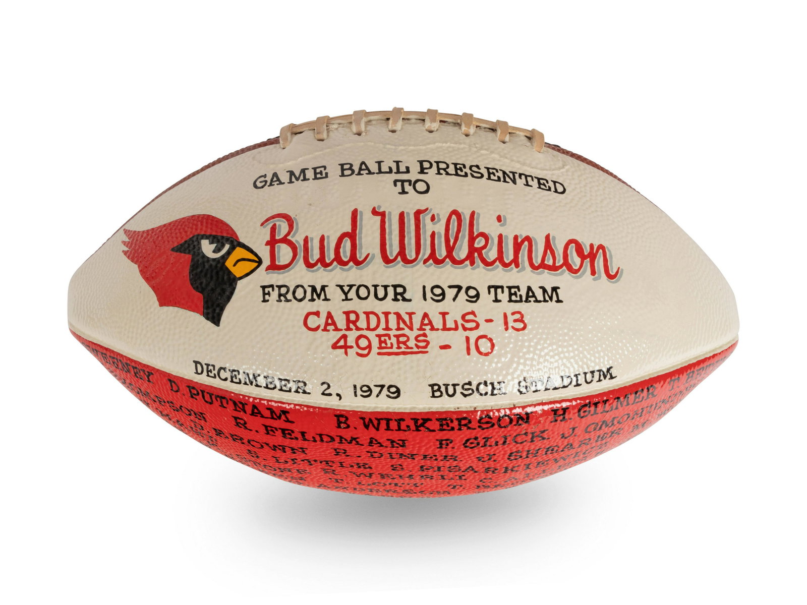 A December 2, 1979 St. Louis Cardinals vs. San Francisco 49ers Game Ball Presented to Coach Bud: A December 2, 1979 St. Louis Cardinals vs. San Francisco 49ers Game Ball Presented to Coach Bud Wilkinson, gifted to the College Football Hall of Famer the week he was fired from a two-year profession