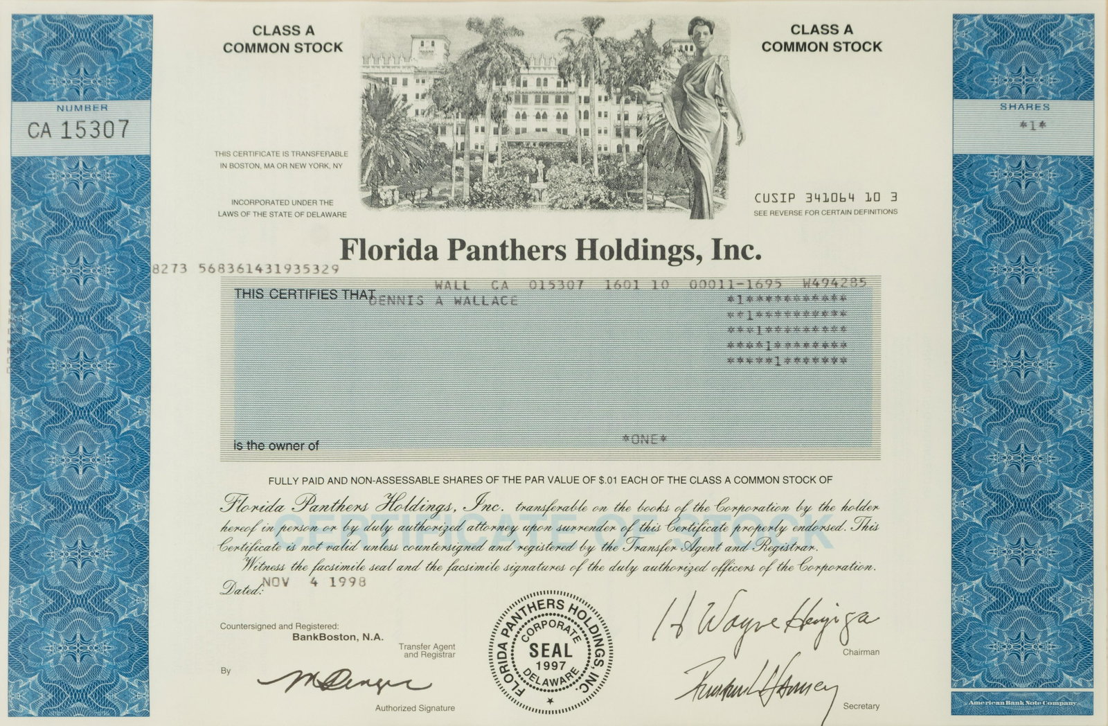 A Florida Panthers Stock Certificate, (1 of 2)