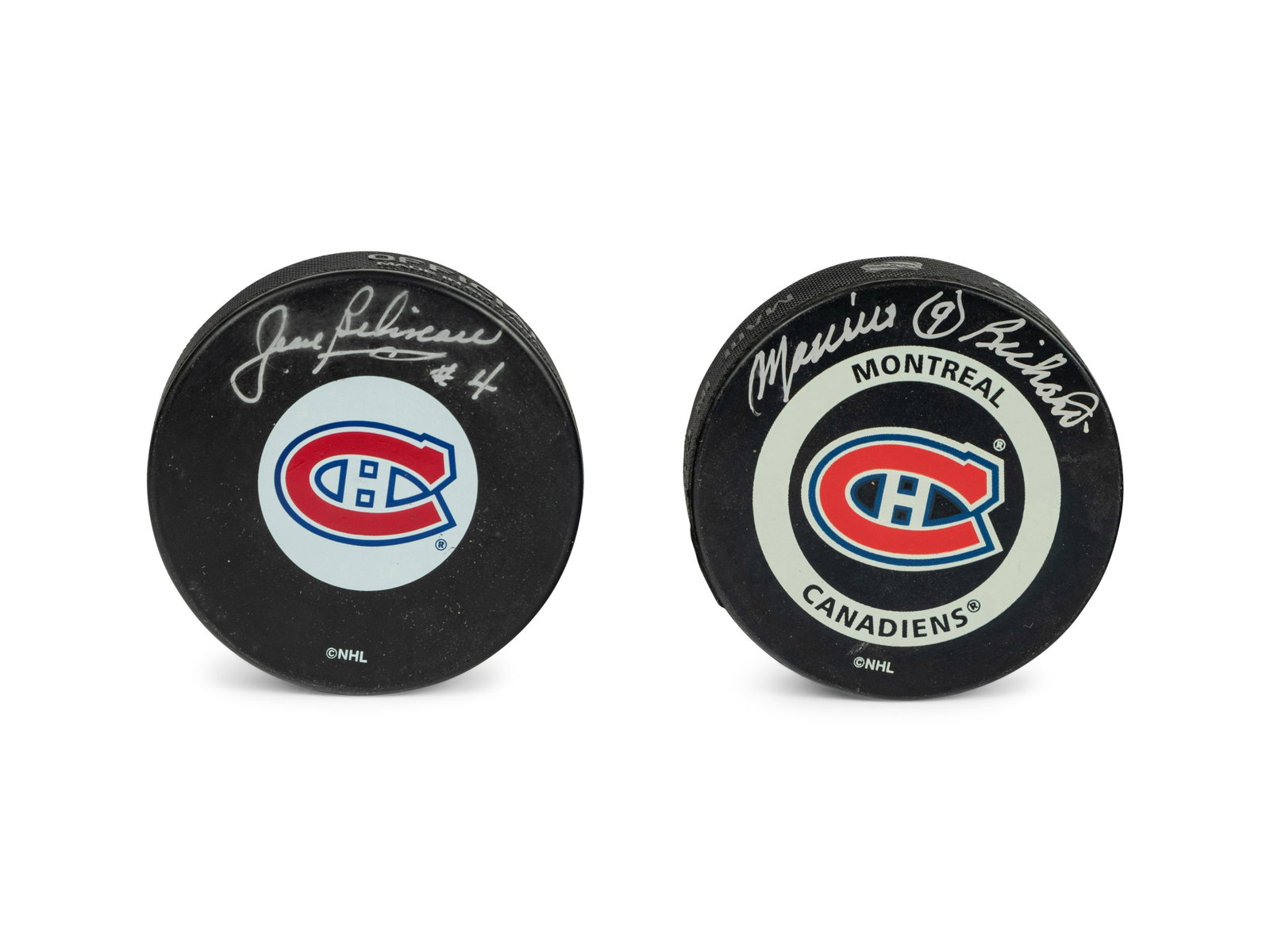 A Group of Maurice Richard and Jean Beliveau Montreal Canadiens Signed Autograph Hockey Pucks: A Group of Maurice Richard and Jean Beliveau Montreal Canadiens Signed Autograph Hockey Pucks (Beckett Authentication Services BAS Certified)