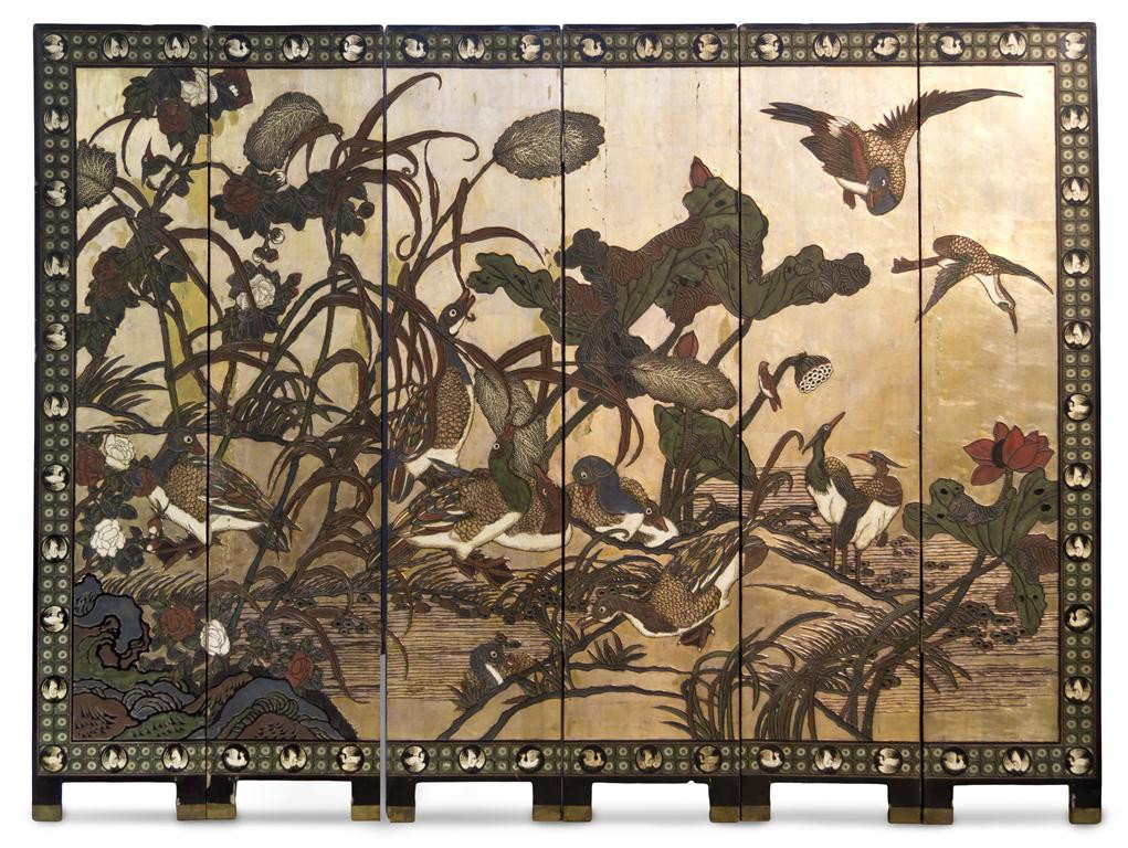 A Chinese Lacquered Six Panel Screen, Height of ea: A Chinese Lacquered Six Panel Screen, having carved and polychrome decoration of floral scenes including ducks and deer, having inscription on one panel. Height of each 72 1/2 inches.
