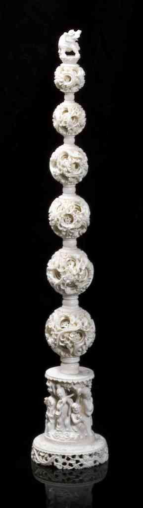 A Unique Set of Chinese Puzzle Balls, Height overa: A Unique Set of Chinese Puzzle Balls, the item comprised of six graduated puzzle balls separated by turned sections, having an elephant form finial, raised atop a cylindrical base with pierce carved f