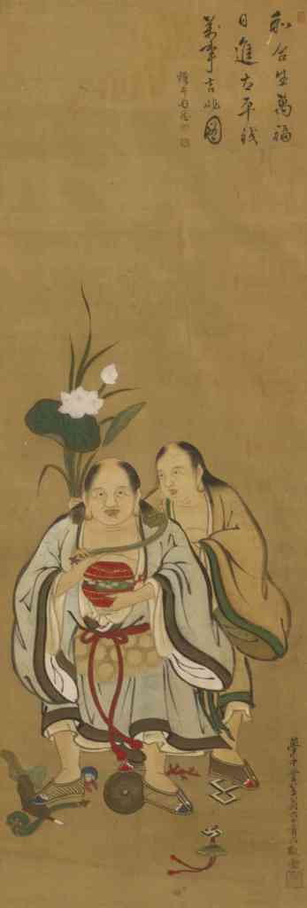 A Chinese Painting of Two Immortals, Height of ima: A Chinese Painting of Two Immortals, depicting two religious figures, one holding a bundle of lotus pads and flowers, the other a box of food and a ruyi scepter, the balding figures shown in flowing r