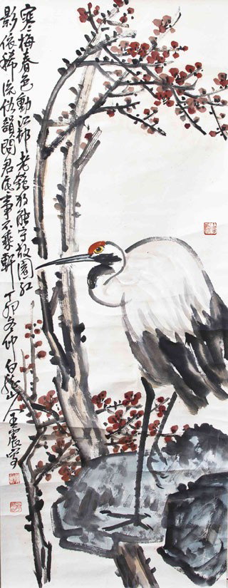 A Chinese Painting on Paper, Attributed to Wang Zh: A Chinese Painting on Paper, Attributed to Wang Zheng, depicting a standing crane on a rock under a flowering branch, with an inscription running down the left margin of the sheet. Height 46 x width 1