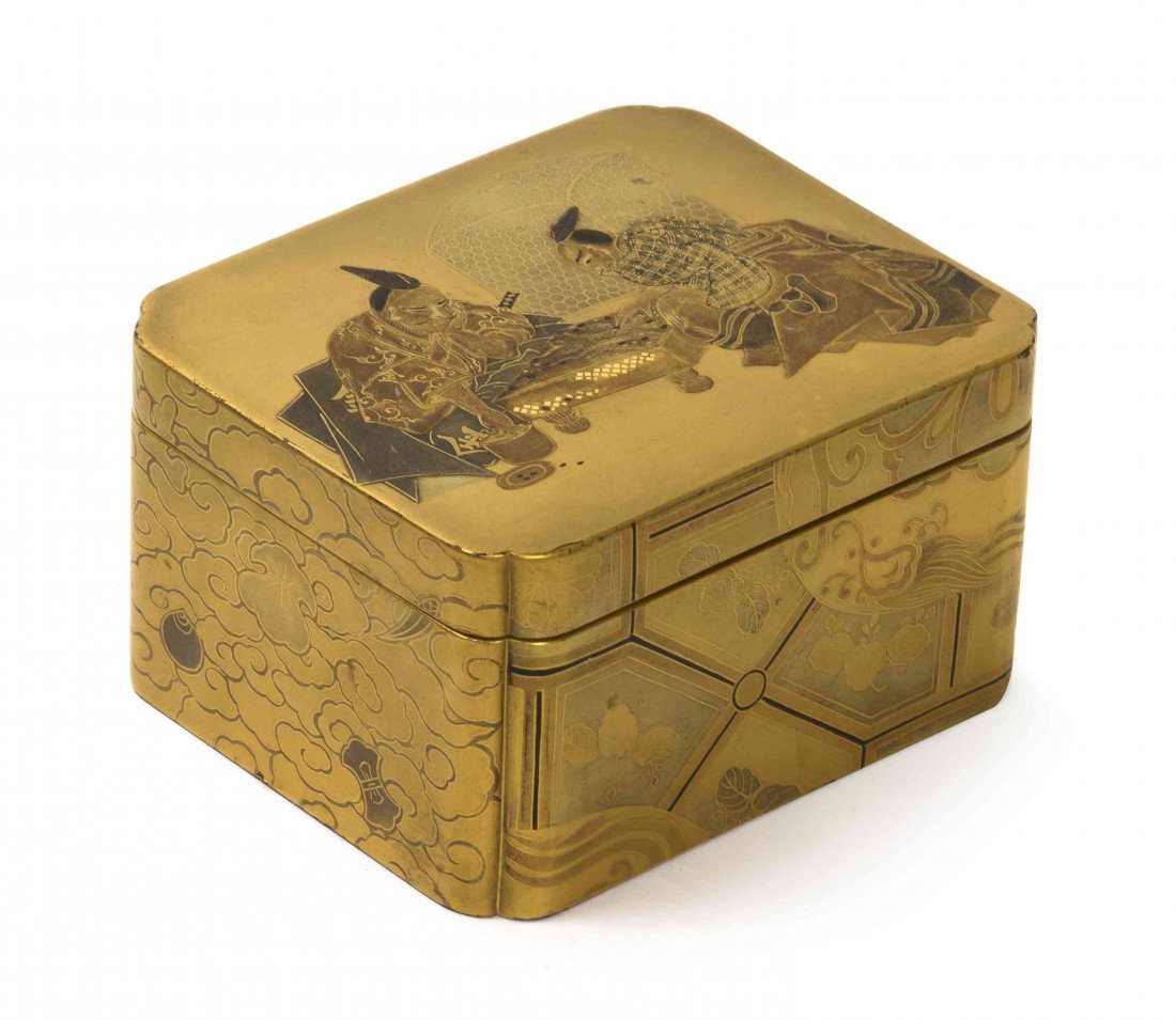 A Japanese Gilt and Lacquered Box, Width 4 inches.: A Japanese Gilt and Lacquered Box, of rectangular form, the lid having decoration of two men playing the game of Go, the sides having patterned decoration and with a phoenix on one side, unsigned. Wid
