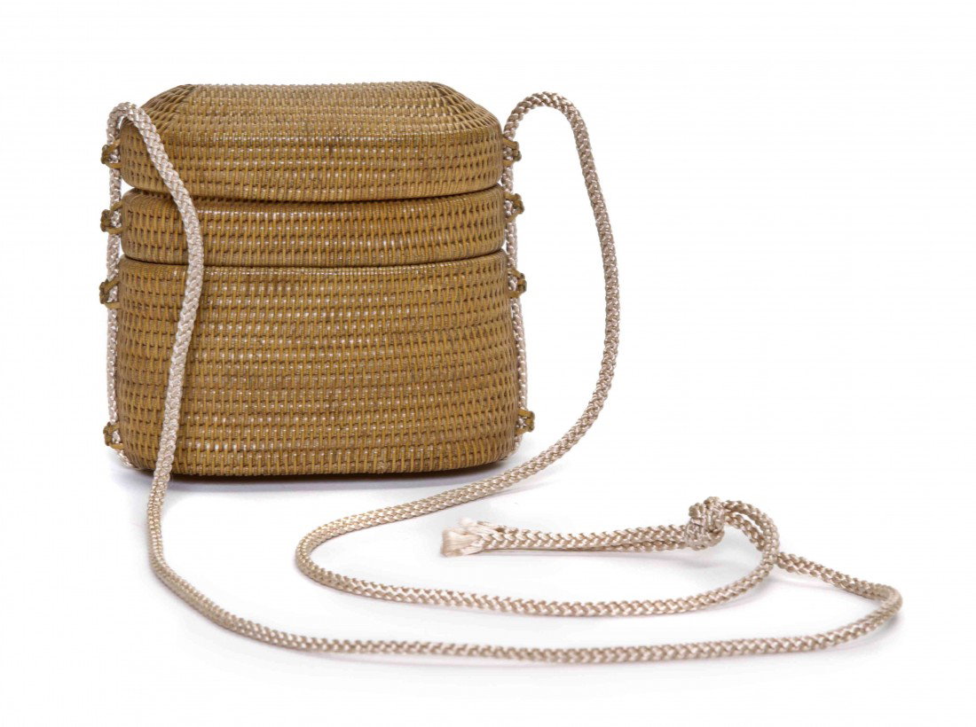 A Rare Woven Rattan Inro, Height 2 3/4 inches.: A Rare Woven Rattan Inro, the two-case three piece inro having woven loops at sides. Height 2 3/4 inches.