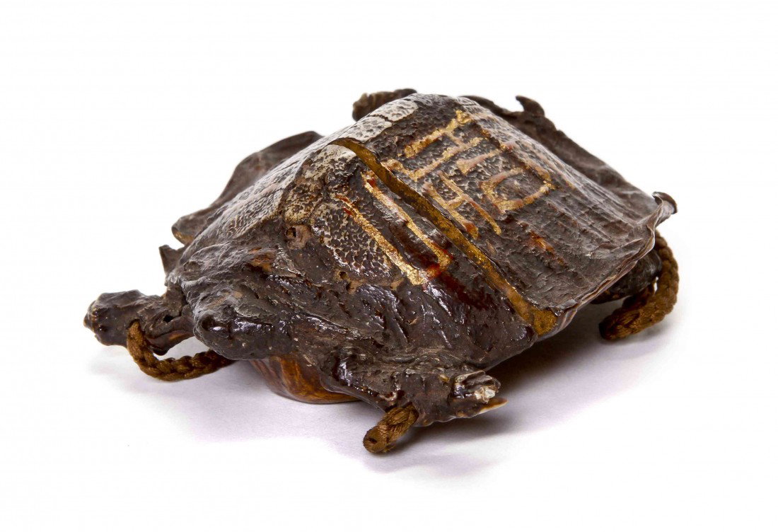 A Lacquered Turtle Inro, Length 2 5/8 inches.: A Lacquered Turtle Inro, the single-case two part inro depicting the intact animal, having gilt character on the top and bottom of the shell. Length 2 5/8 inches.