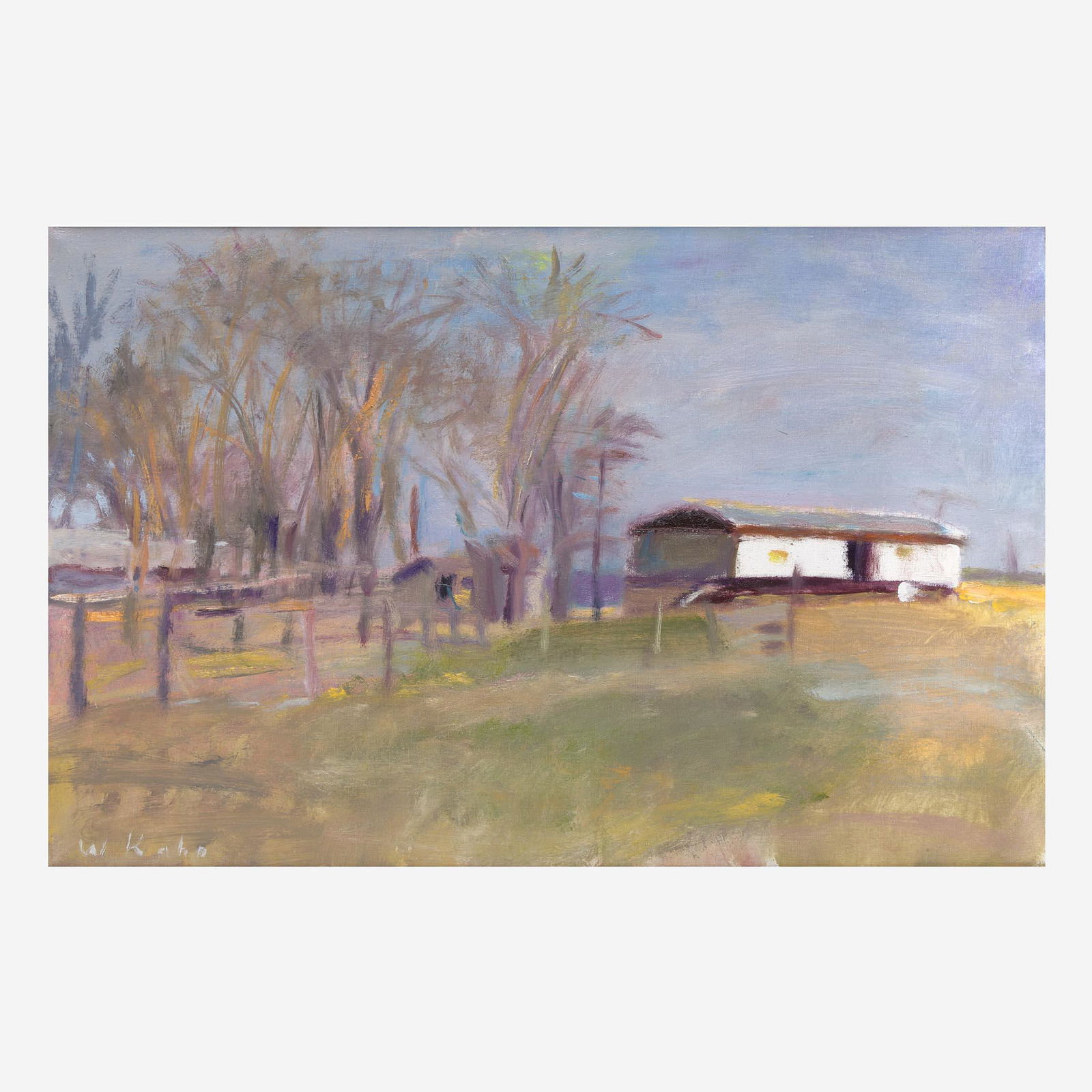 Wolf Kahn (American/German, 1927-2020) Mobile Home in Arkansas: Wolf Kahn (American/German, 1927-2020) Mobile Home in Arkansas Signed bottom left, also dated 1977 and numbered #26 verso, oil on canvas. (17 3/4 x 27 3/4 in. (45.1 x 70.5cm)) Provenance Grace Bo