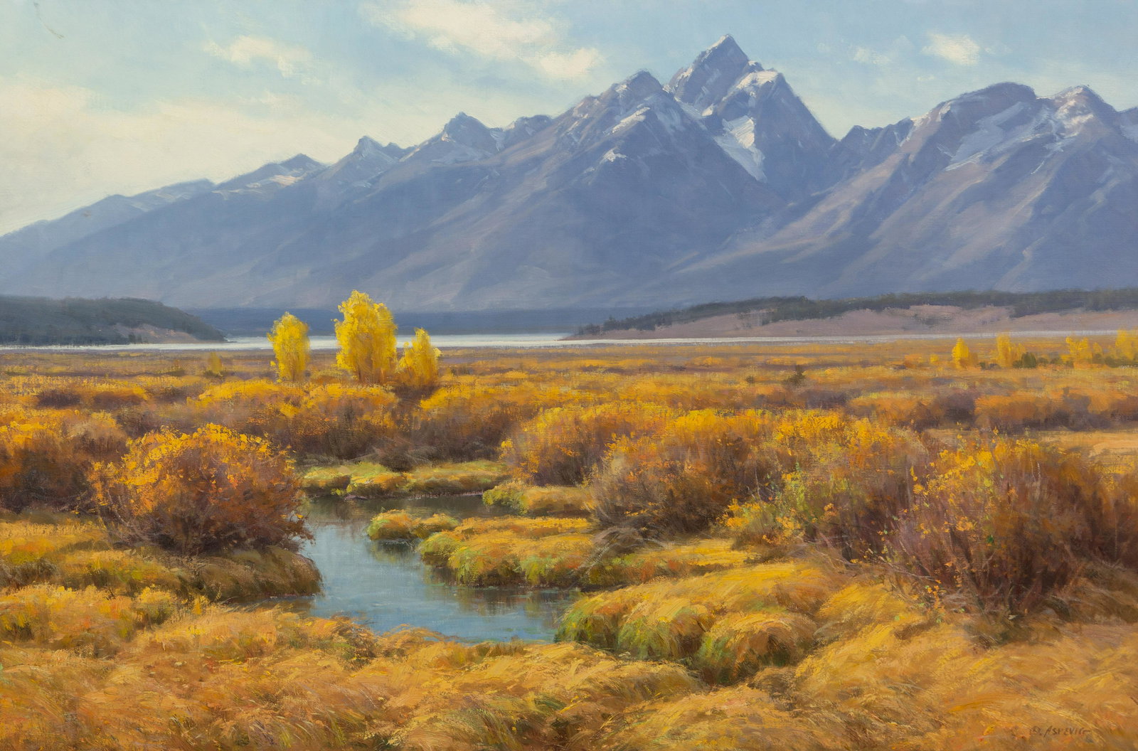 Clyde Aspevig (American, b. 1951) Autumn at Willow Flats: Clyde Aspevig (American, b. 1951) Autumn at Willow Flats oil on canvas signed Aspevig (lower right) 24 x 36 inches Property from the Estate of Mildred and Harlan Pratt Provenance: Trailside Galleries,