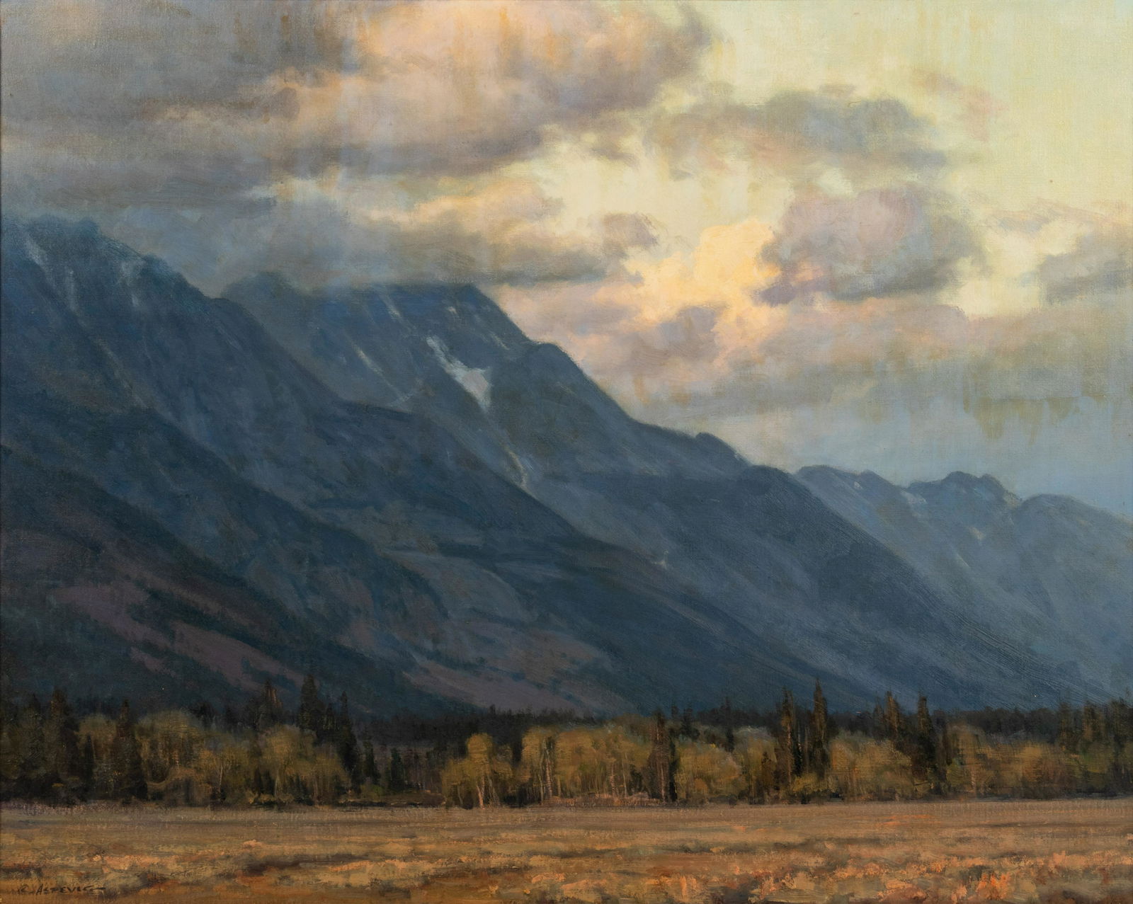 Clyde Aspevig (American, b. 1951) Teton Evening: Clyde Aspevig (American, b. 1951) Teton Evening oil on canvas signed Aspevig (lower left) 24 x 30 inches Property from the Estate of Mildred and Harlan Pratt Provenance: Trailside Galleries, Jackson,