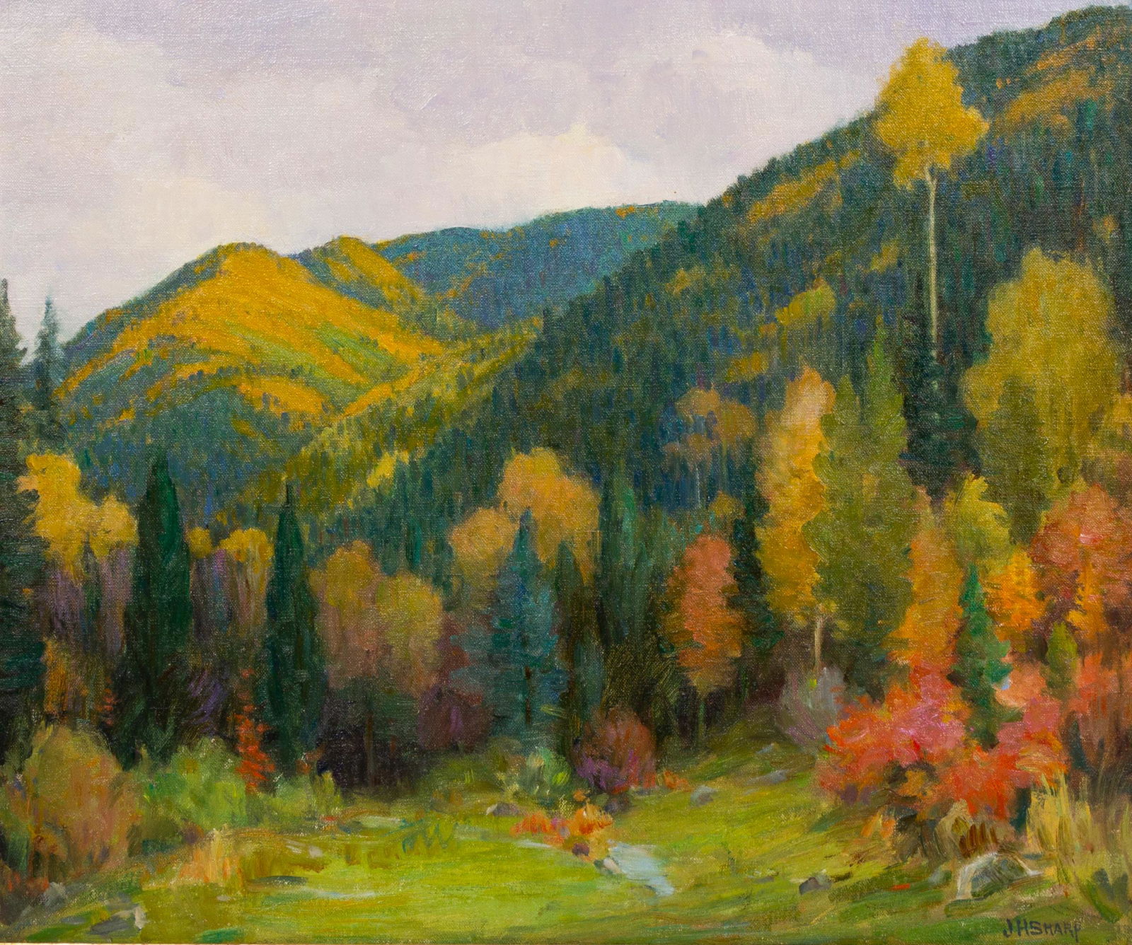 Joseph Henry Sharp (American, 1859-1953) Aspens on Gray Day, South Fork - Hondo Canyon: Joseph Henry Sharp (American, 1859-1953) Aspens on Gray Day, South Fork - Hondo Canyon oil on canvas signed J.H. Sharp (lower right) 20 1/4 x 24 1/8 inches The blush of autumn in Hondo Canyon, near th