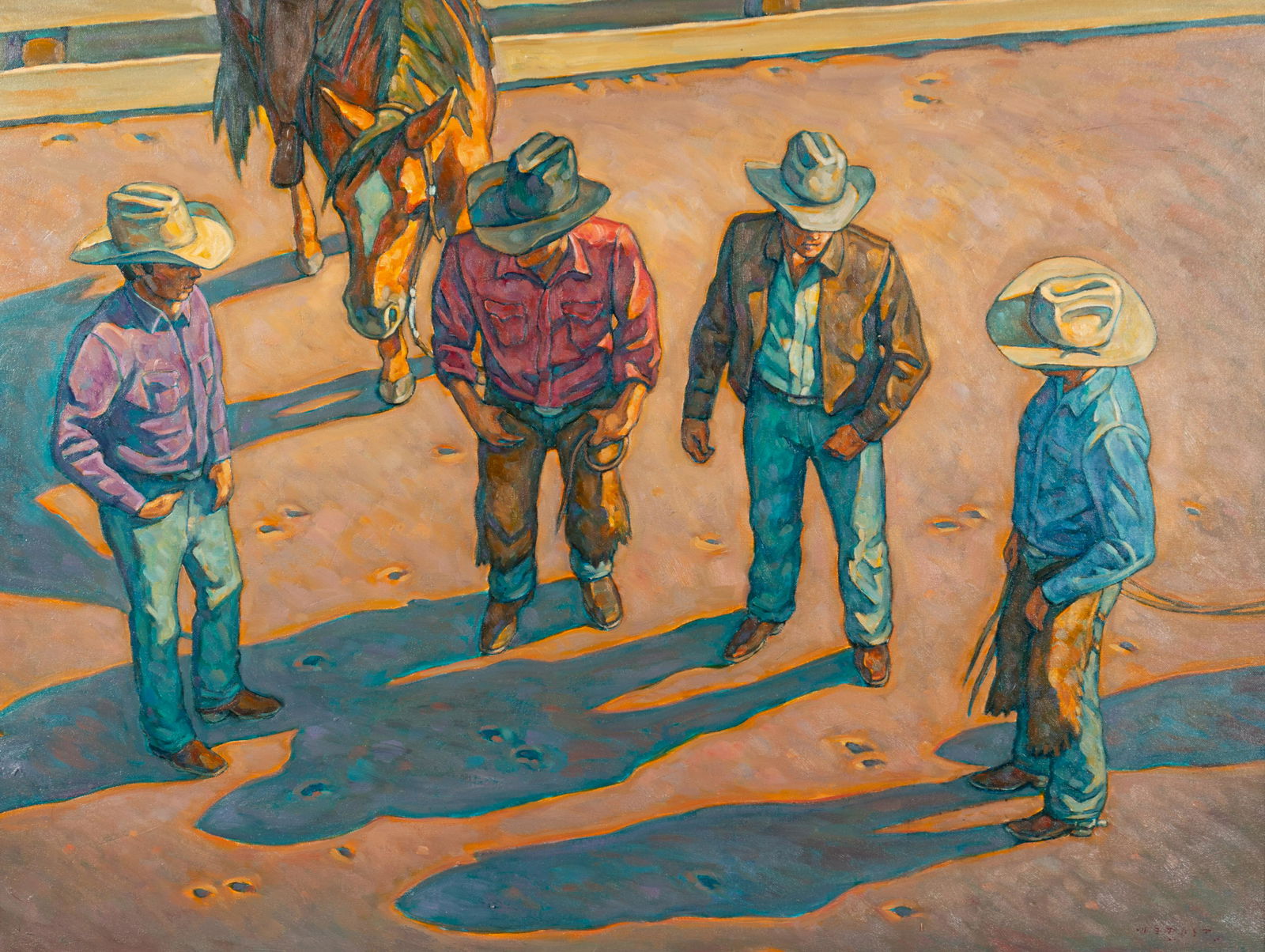 Howard Post (American, b. 1948) Cowboy Conference, 2011: Howard Post (American, b. 1948) Cowboy Conference, 2011 oil on canvas signed H.E. Post (lower right); signed, titled and dated (verso) 30 x 40 inches