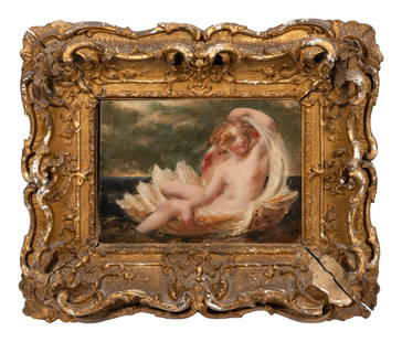 William Etty (British, 1787-1849): William Etty (British, 1787-1849) Cupid in a Shell on Waves, 1843 oil on panel signed Wm. Etty and dated Nov. 21 1843 to the reverse 7 3/4 x 10 7/8 inches. Property from the Estate of Michael L. Wilki