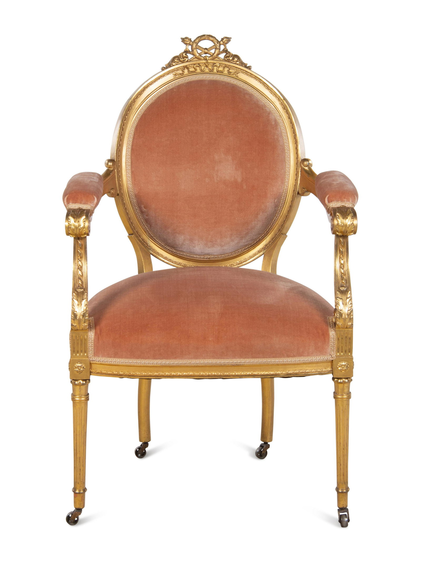 A Louis XVI Style Giltwood Fauteuil: A Louis XVI Style Giltwood Fauteuil Late 19th Century Height 39 1/2 x width 24 x depth 21 inches. 