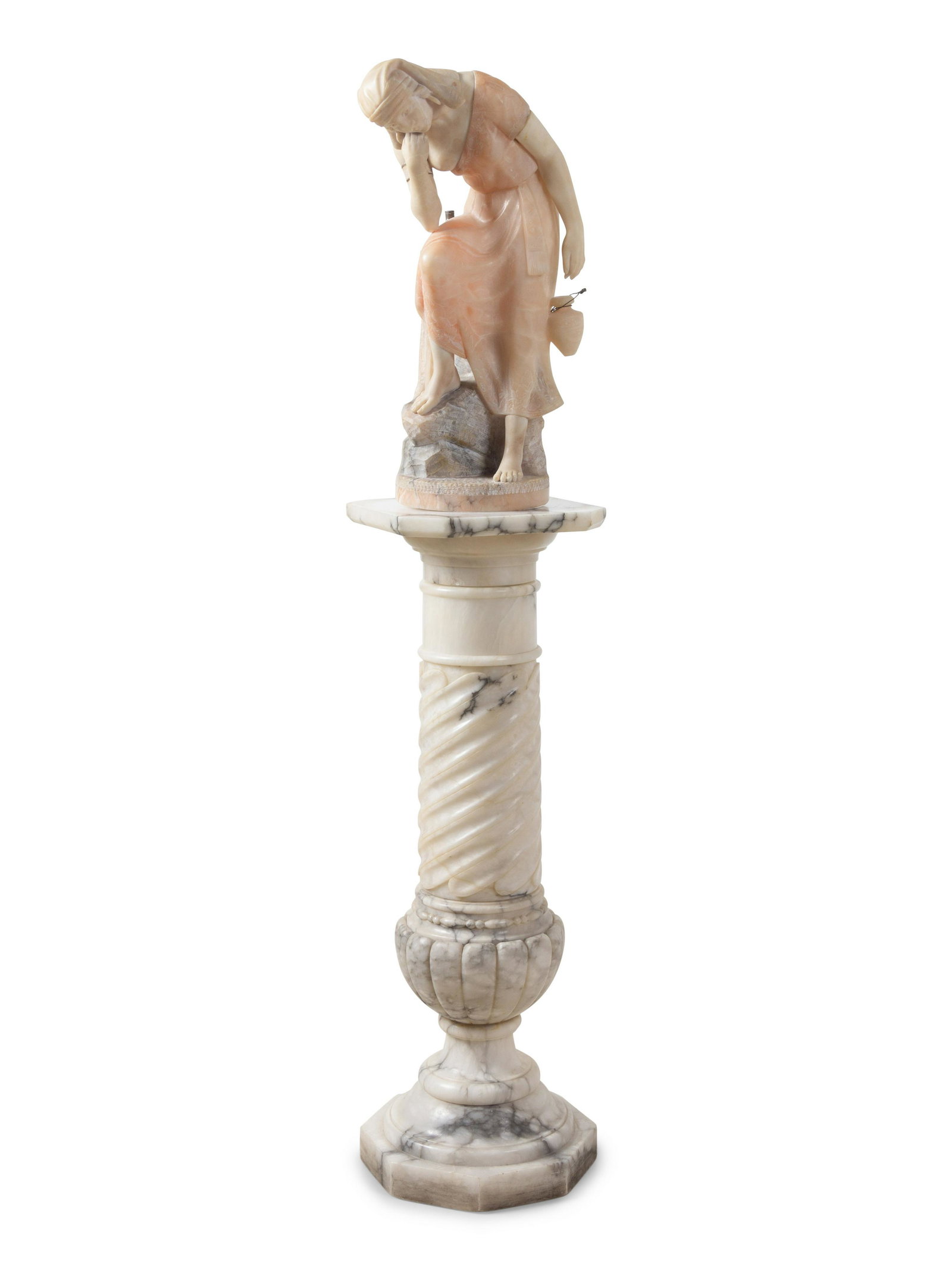 Italian, Late 19th/Early 20th Century: Italian, Late 19th/Early 20th Century Water Carrier Next to a Well carved alabaster with associated pedestal signed illegibly and numbered 186/183. N. 15 to edge of base Height of figure 21 1/4 inches