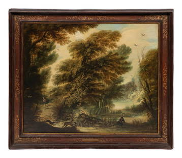 Manner of Roelandt Savery (Flemish, 1576-1639): Manner of Roelandt Savery (Flemish, 1576-1639) Hunting Scene oil on canvas 18 x 21 1/4 inches. Property from a Midwestern Institution