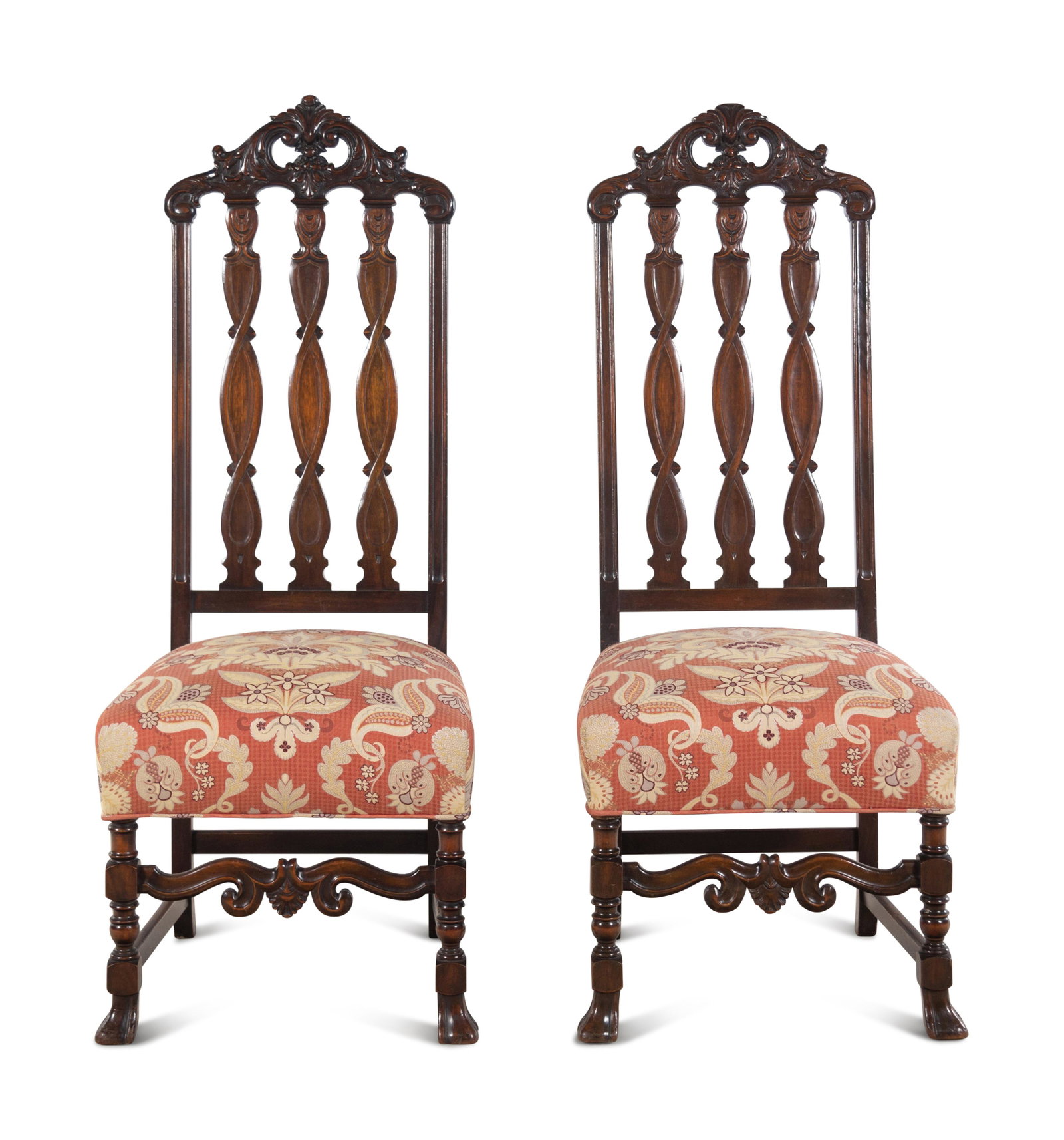 A Pair of William and Mary Style Mahogany Hall Chairs with Scalamandre Upholstery: A Pair of William and Mary Style Mahogany Hall Chairs with Scalamandre Upholstery 20th Century Height 50 1/2 inches. Provenance: Hotel Moraine-on-the-Lake, Highland Park, Illinois