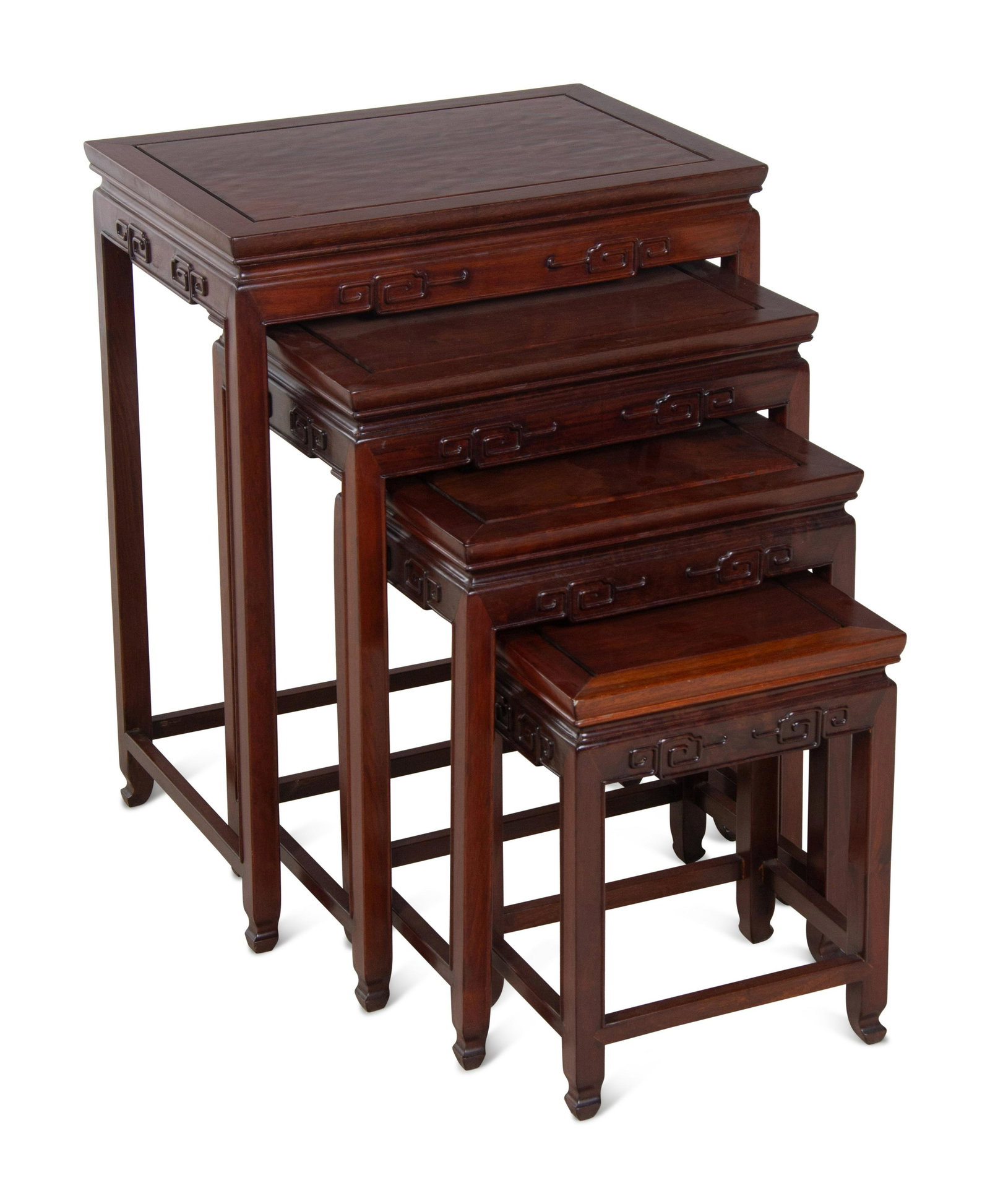 A Set of Four Chinese Possibly Huanghuali Nesting Tables: A Set of Four Chinese Possibly Huanghuali Nesting Tables 20th Century Height of tallest 26 x width 20 x depth 14 inches. Property from a Midwestern Institution