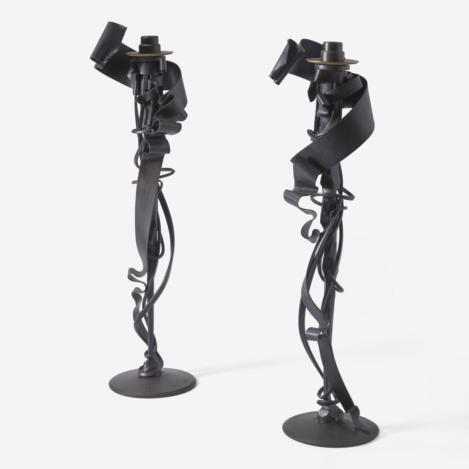 Albert Paley (American, b. 1944) Pair of "Calyx" Candlesticks, USA, 1998: Albert Paley (American, b. 1944) Pair of "Calyx" Candlesticks, USA, 1998 Forged and fabricated mild steel with blackened patina, bronzeImpressed signature and date: "© ALBERT PALEY 1998"One impre
