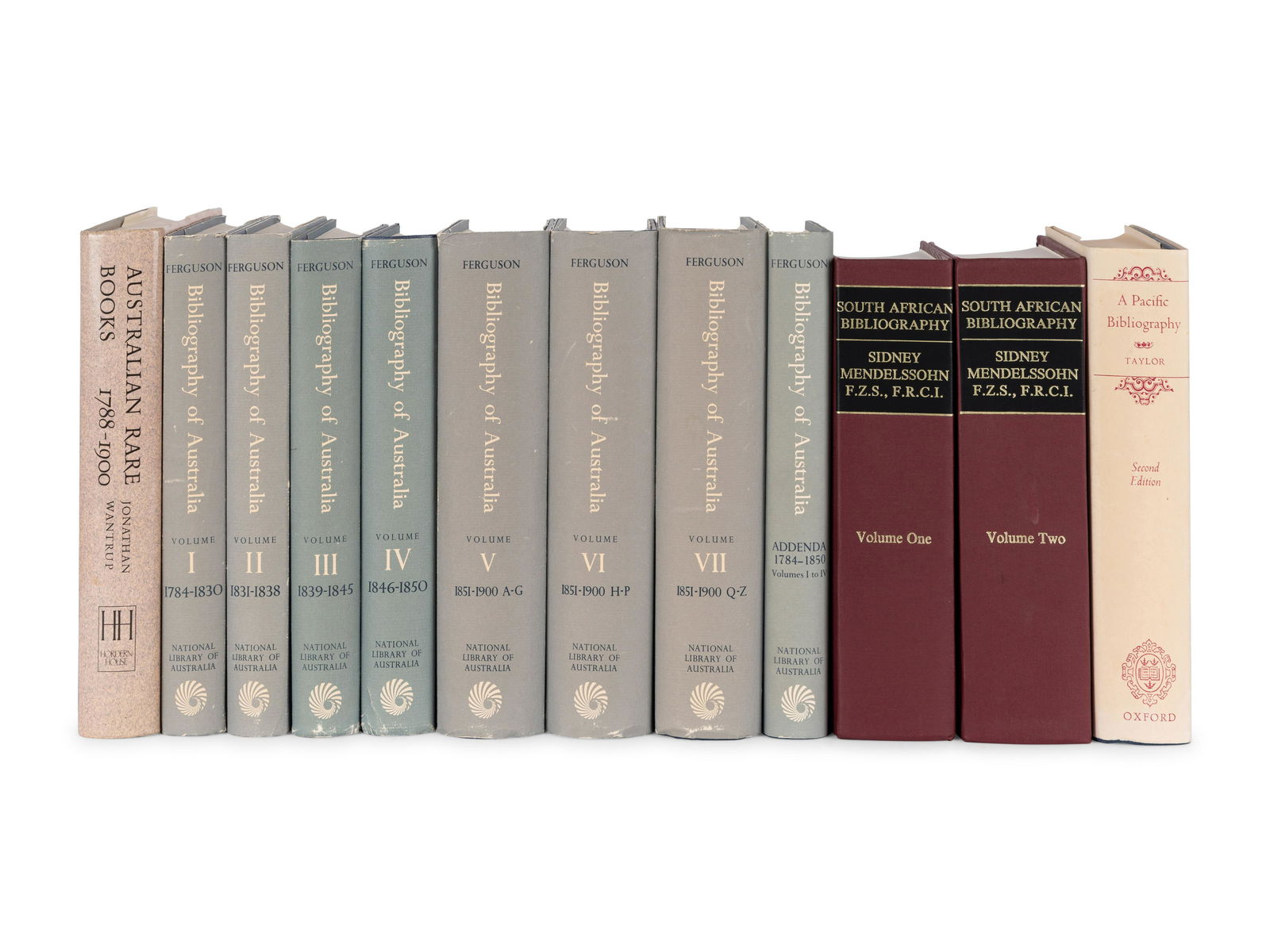 [EXPLORATION -- BIBLIOGRAPHIES]. A group of 8 works relating to exploration in the Pacific and: [EXPLORATION -- BIBLIOGRAPHIES]. A group of 8 works relating to exploration in the Pacific and Australia, including: FERGUSON, John Alexander. Bibliography of Australia. Canberra, 1975-1977, 1986. 8 v