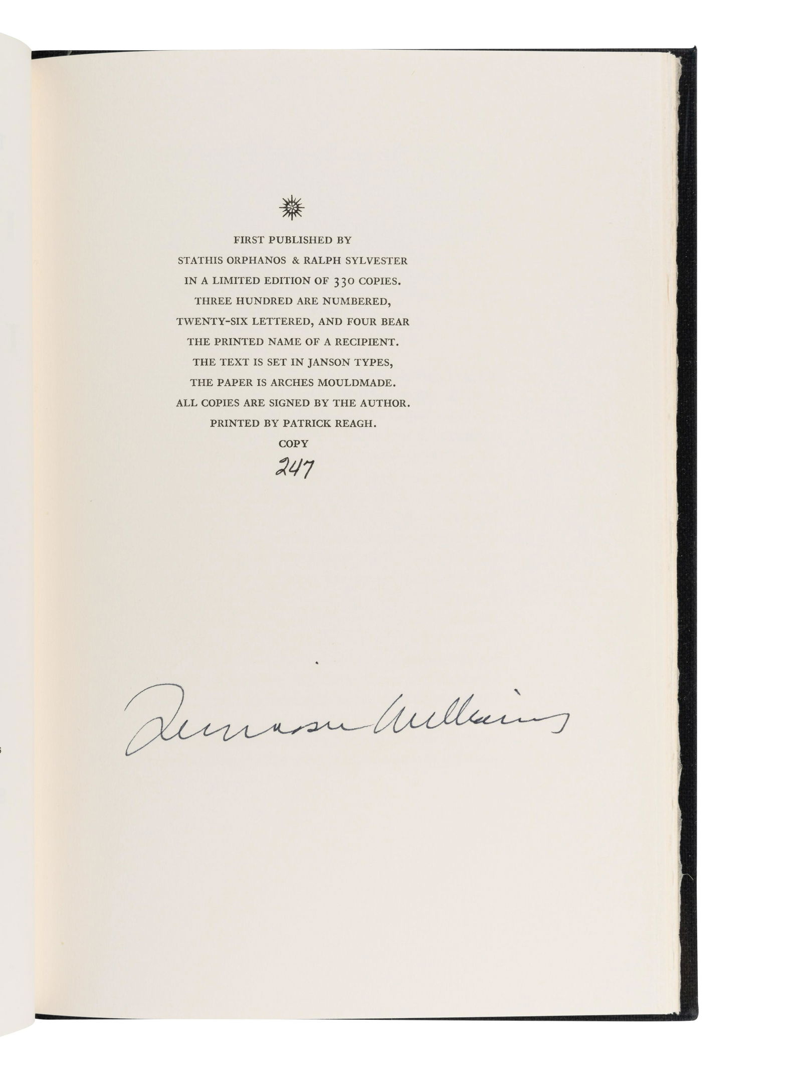 WILLIAMS, Tennessee. Moise and the World of Reason. NY: Simon & Schuster, 1975. LIMITED EDITION, (1 of 4)