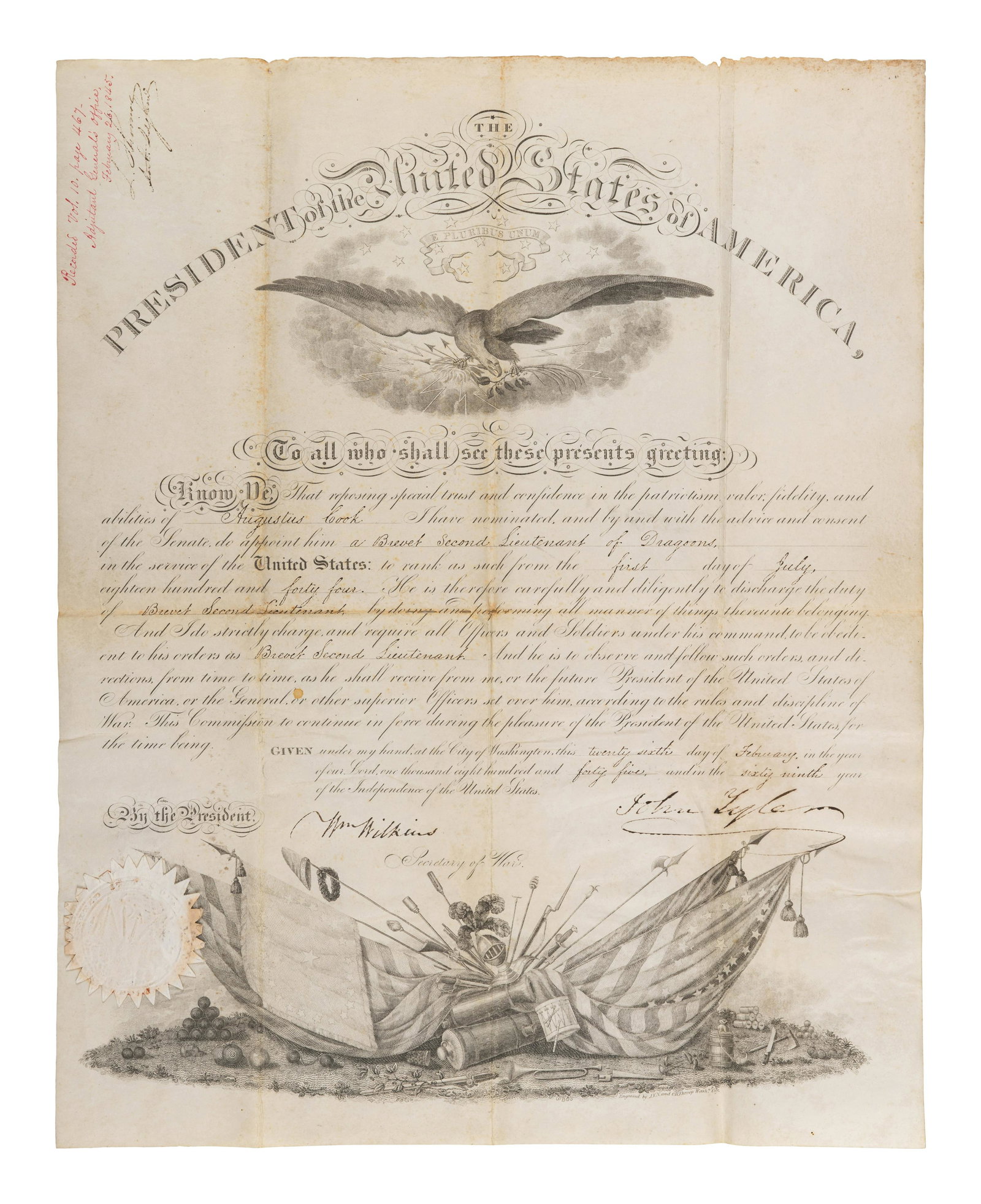 TYLER, John. Partly printed document signed ("John Tyler"), as President, countersigned by William (1 of 4)