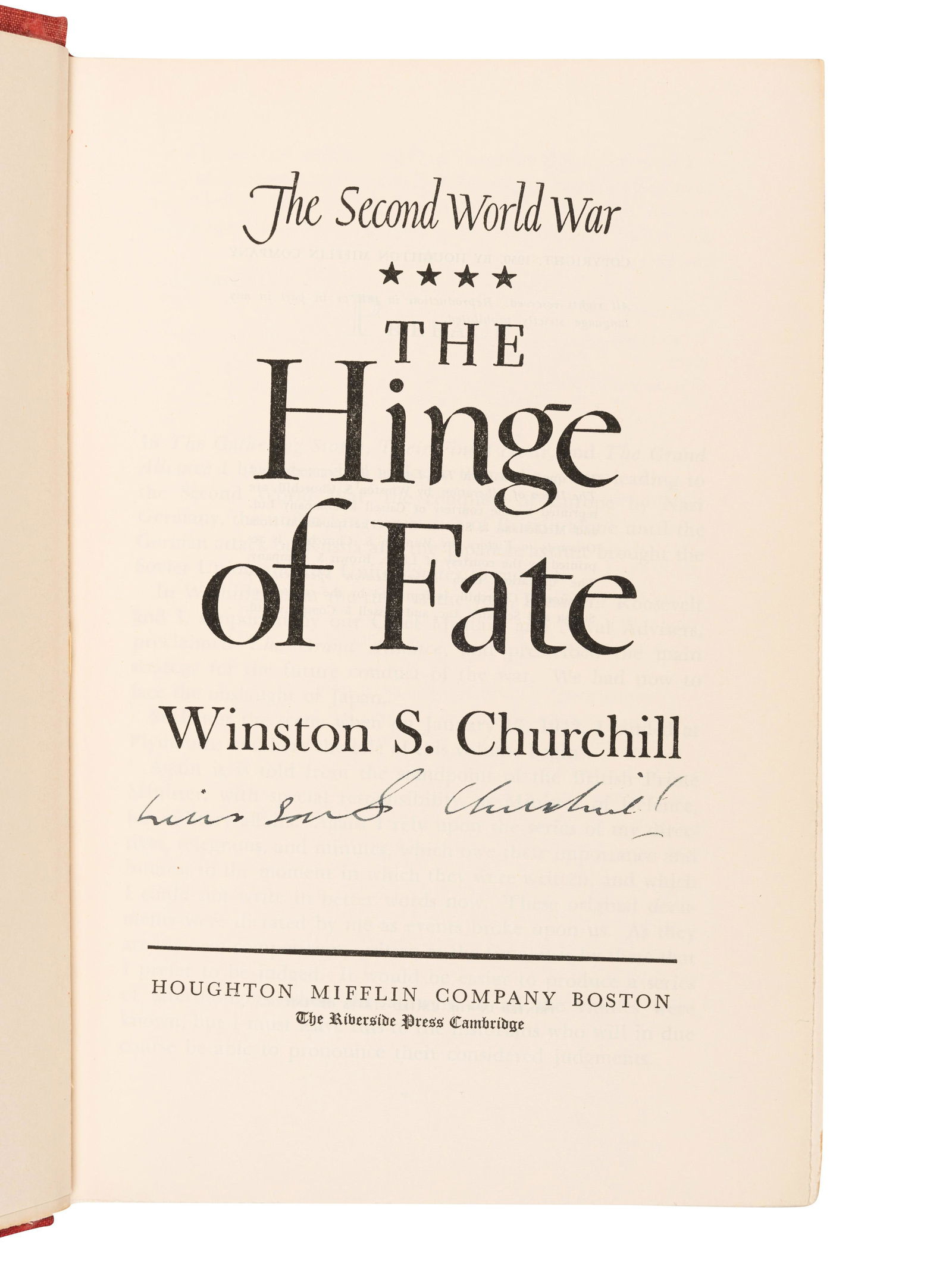 CHURCHILL, Winston S. (1874-1965). The Second World War: The Hinge of Fate. Boston: Houghton (1 of 4)
