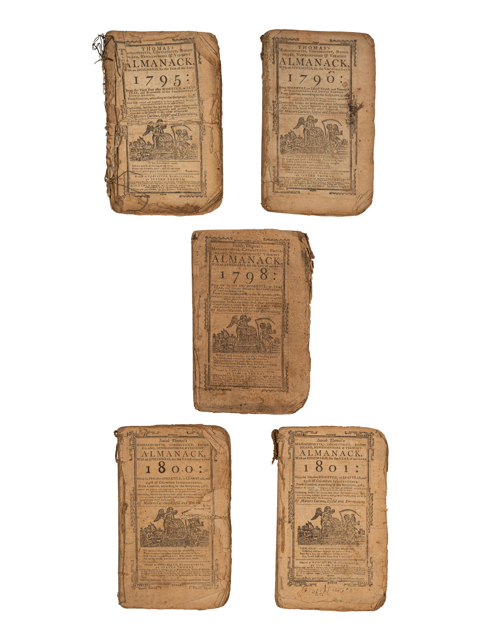 [ALMANAC - WORCESTER, MA]. THOMAS, Isaiah (1749-1831). A group of 5 almanacks in 5 volumes, all (1 of 2)