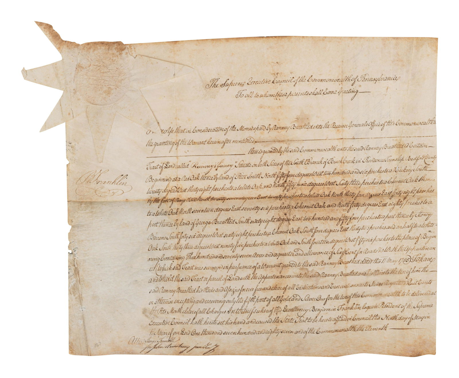 FRANKLIN, Benjamin (1706-1790). Manuscript document signed ("B. Franklin"), as President of the (1 of 2)