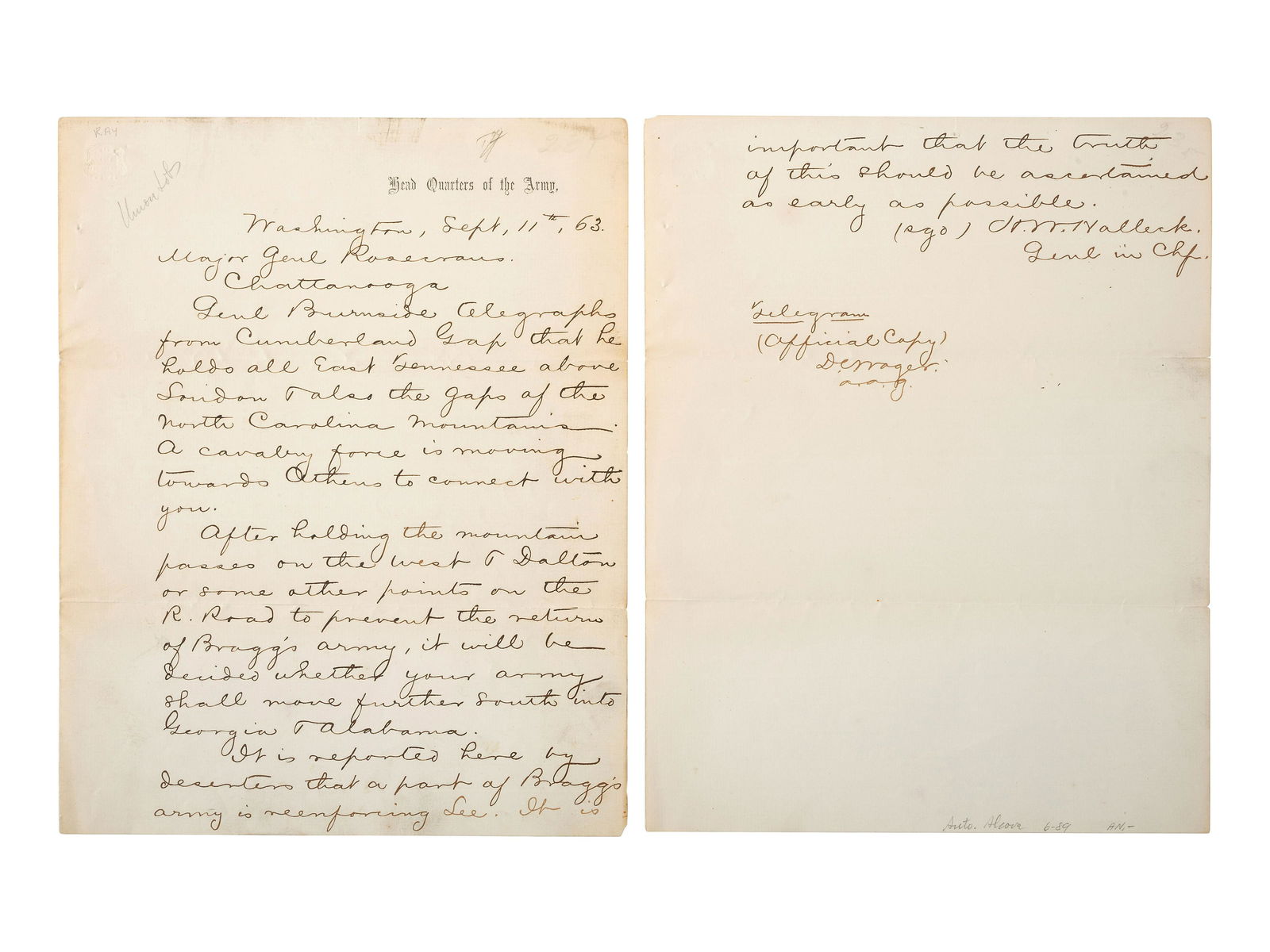 [CIVIL WAR]. Official copy of a telegram from General Henry Halleck to Major General William (1 of 2)