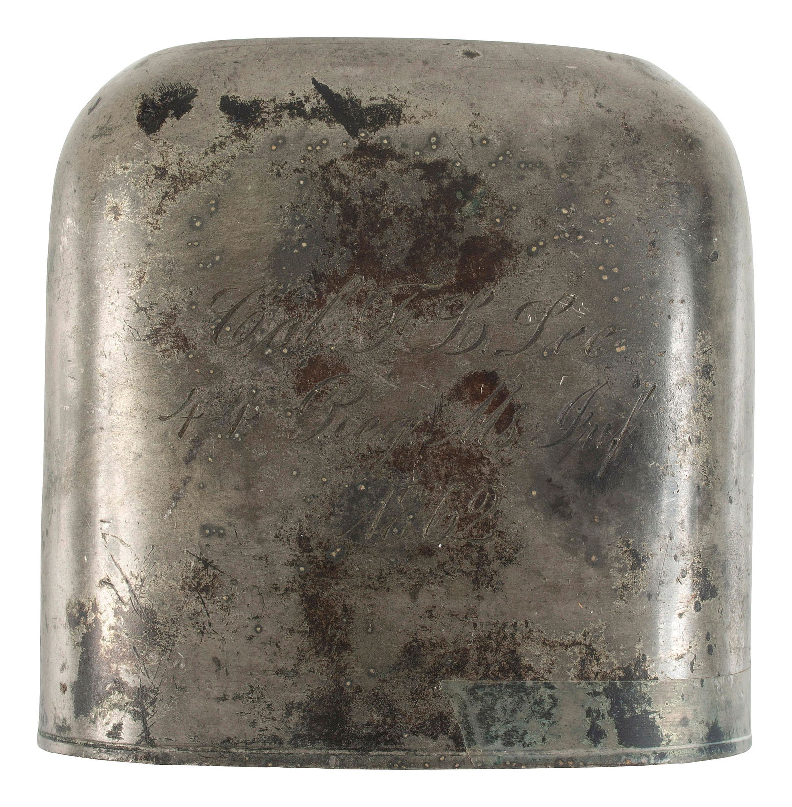 [CIVIL WAR]. Pewter, leather, and glass whiskey flask with engraved identification.  (1 of 3)