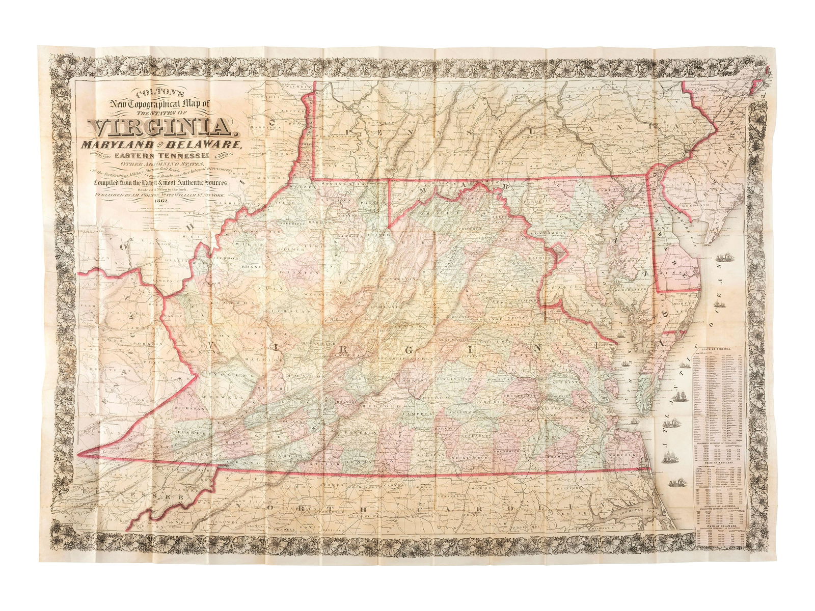 [MAPS & ATLASES]. COLTON, J.H. (1800-1893). Colton's New Topographical Map of The States Of: [MAPS & ATLASES]. COLTON, J.H. (1800-1893). Colton's New Topographical Map of The States Of Virginia, Maryland and Delaware, Showing Also Eastern Tennessee & Parts Of Other Adjoining States. New York: