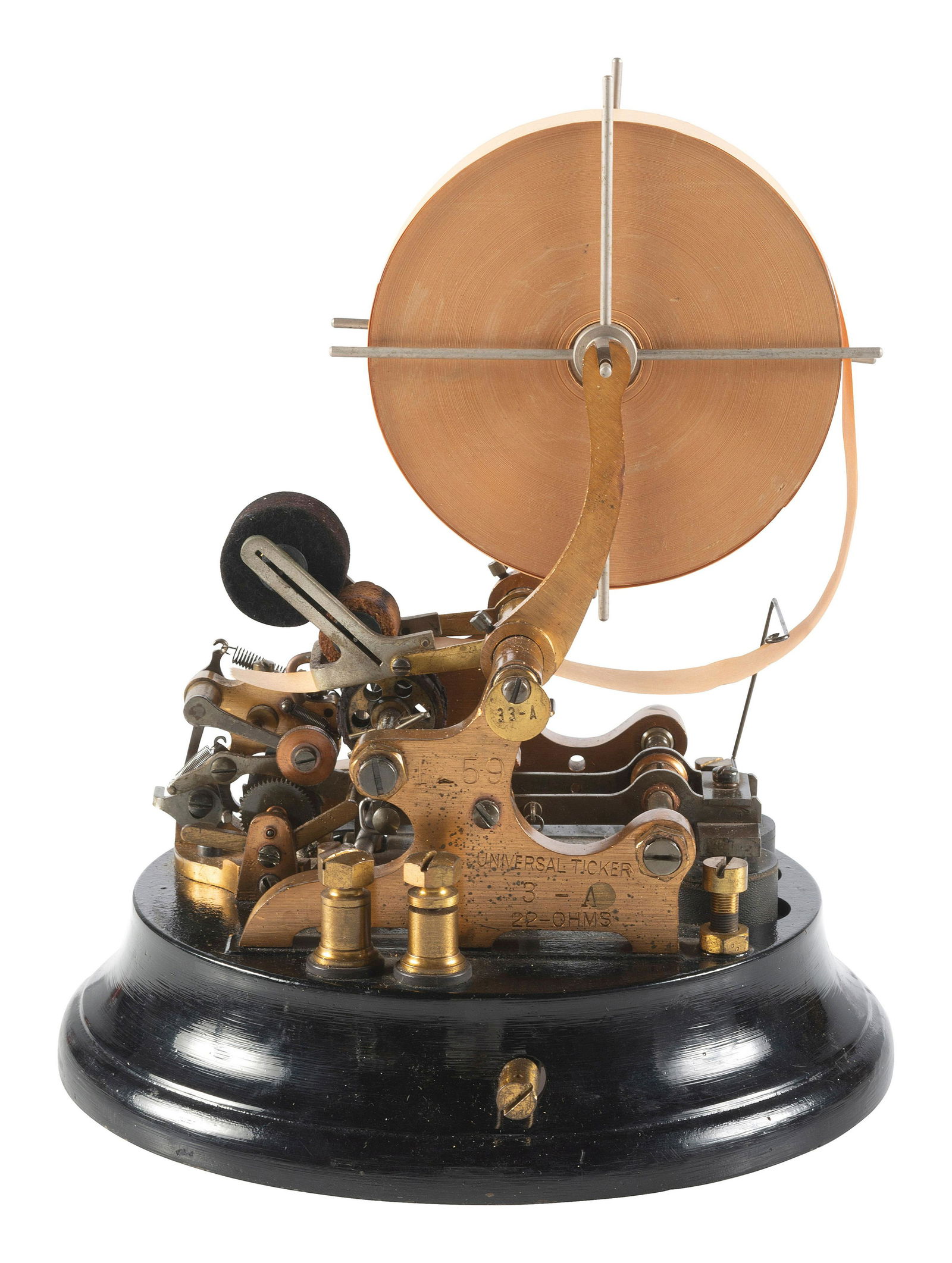 [EDISON, Thomas A. (1847-1931)]. Edison Type 3-A Universal Stock Ticker. Late 20th century. : [EDISON, Thomas A. (1847-1931)]. Edison Type 3-A Universal Stock Ticker. Late 20th century. Iron, brass, and steel "Universal Ticker" machine, 10 in. height, with glass dome, 12 in. height overa