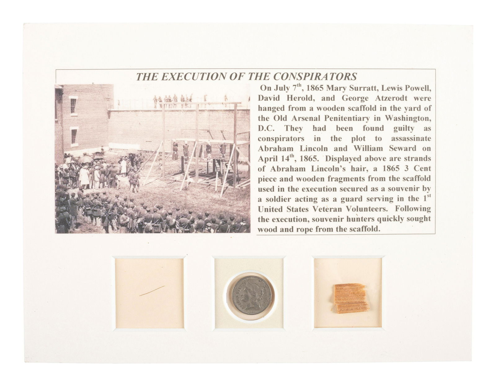 [LINCOLN, Abraham (1809-1865)]. A strand of hair attributed to Abraham Lincoln and wood fragments (1 of 2)