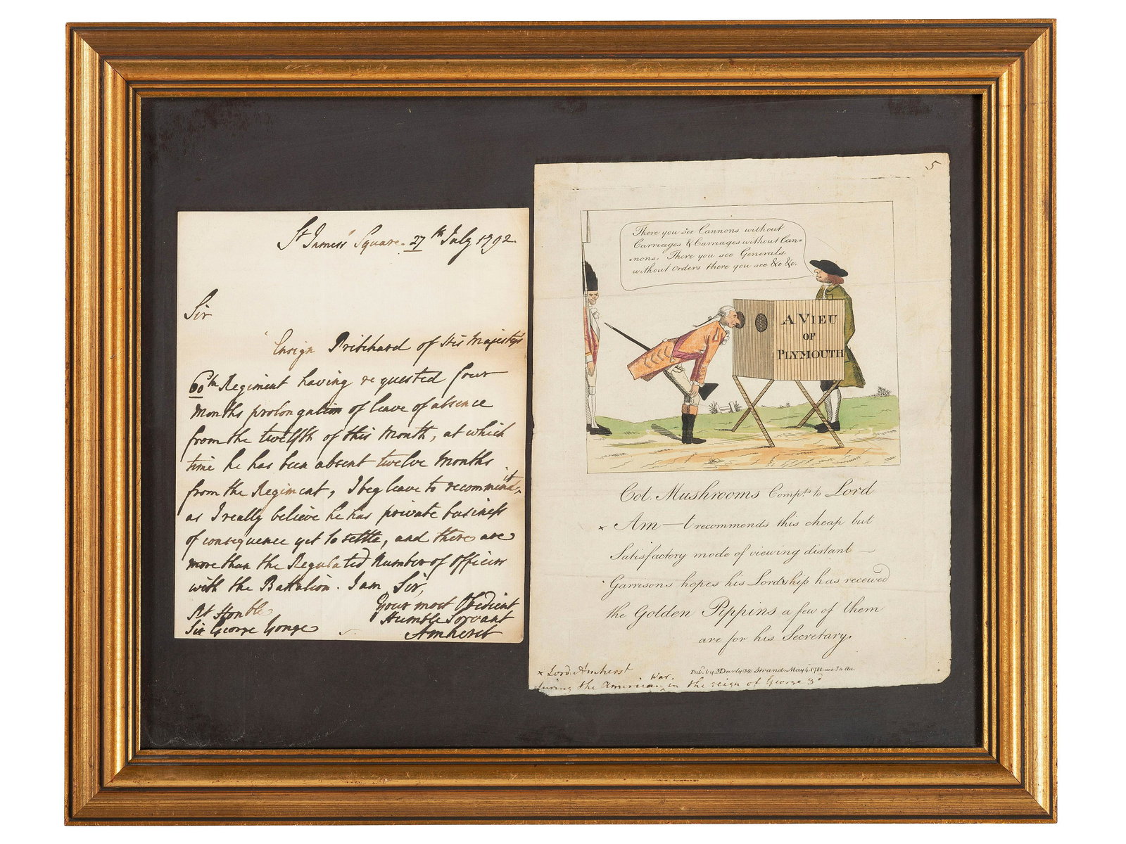 AMHERST, Jeffery, 1st Baron Amherst (1717-1797). Autograph letter signed ("Amherst"). St. James (1 of 2)