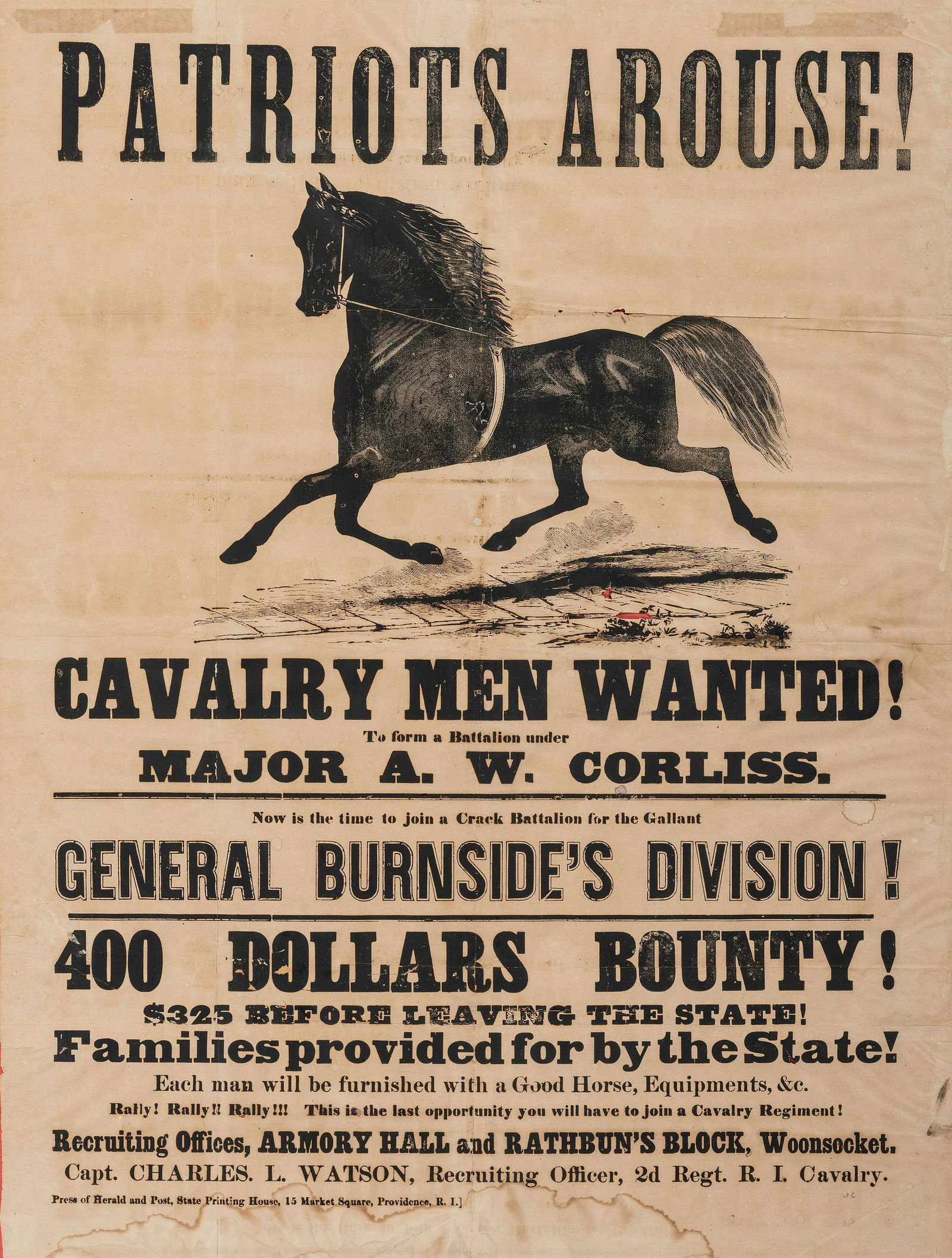 [CIVIL WAR]. Patriot's Arouse! Cavalry Men Wanted! Providence, RI: Press of the Heald and Post, (1 of 1)