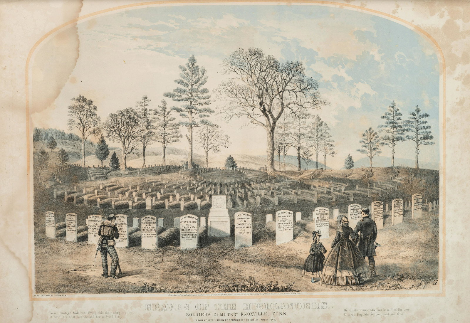 [CIVIL WAR]. YOUNG, Hugh, artist. HART, Charles, lithographer. Graves of the Highlanders.: [CIVIL WAR]. YOUNG, Hugh, artist. HART, Charles, lithographer. Graves of the Highlanders. Soldiers Cemetery Knoxville, Tenn. Color Lithograph, 1864, image approx. 21 1/4 x 15 in. (25 1/2 x 