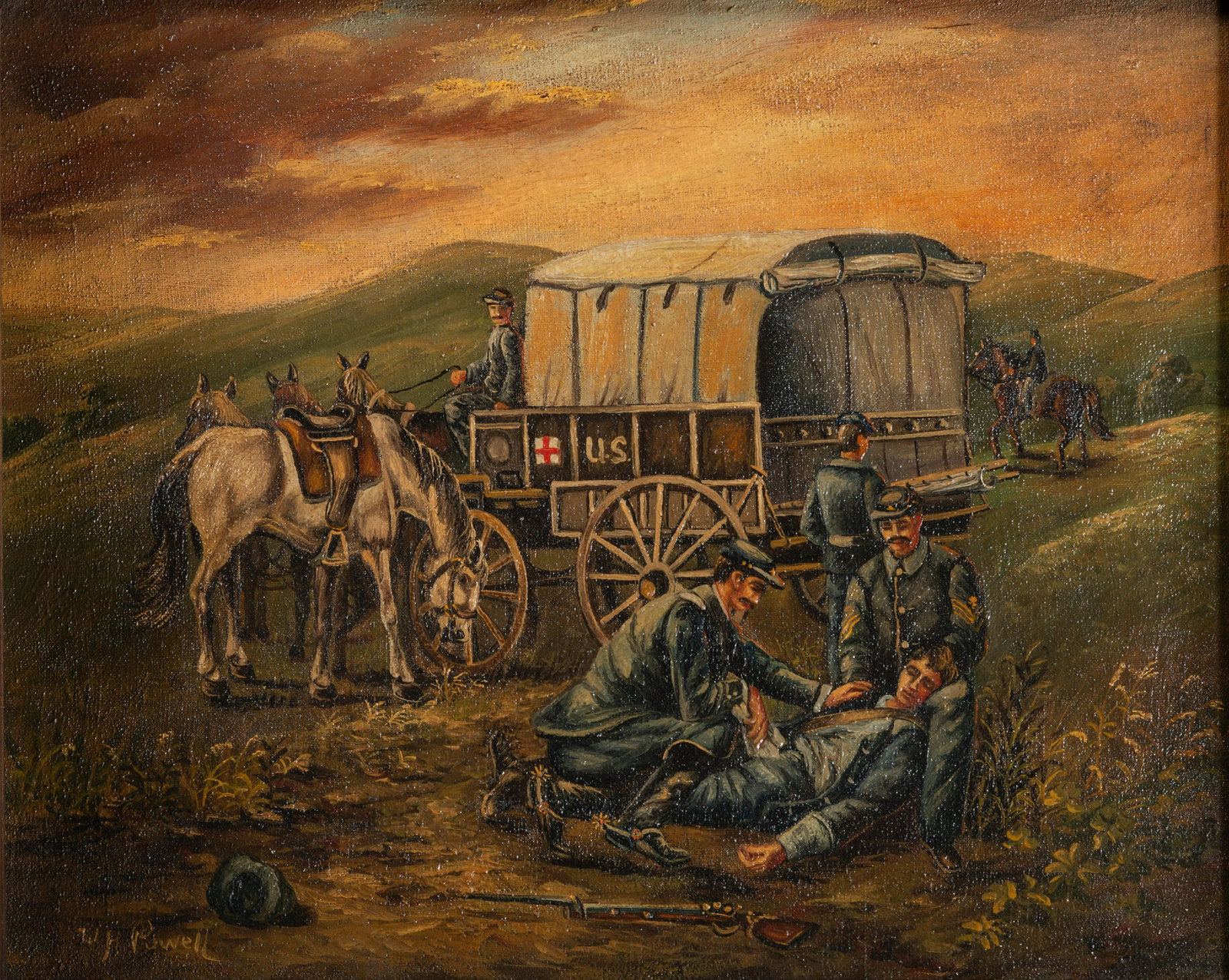 [CIVIL WAR]. POWELL, W.H., artist. Medical team tending to a wounded soldier. : [CIVIL WAR]. POWELL, W.H., artist. Medical team tending to a wounded soldier. Visible 10 1/2 x 8 3/8 in. oil painting; framed to 15 1/2 x 13 3/4 in. (period frame). Signed "W.H. Powell" to lower