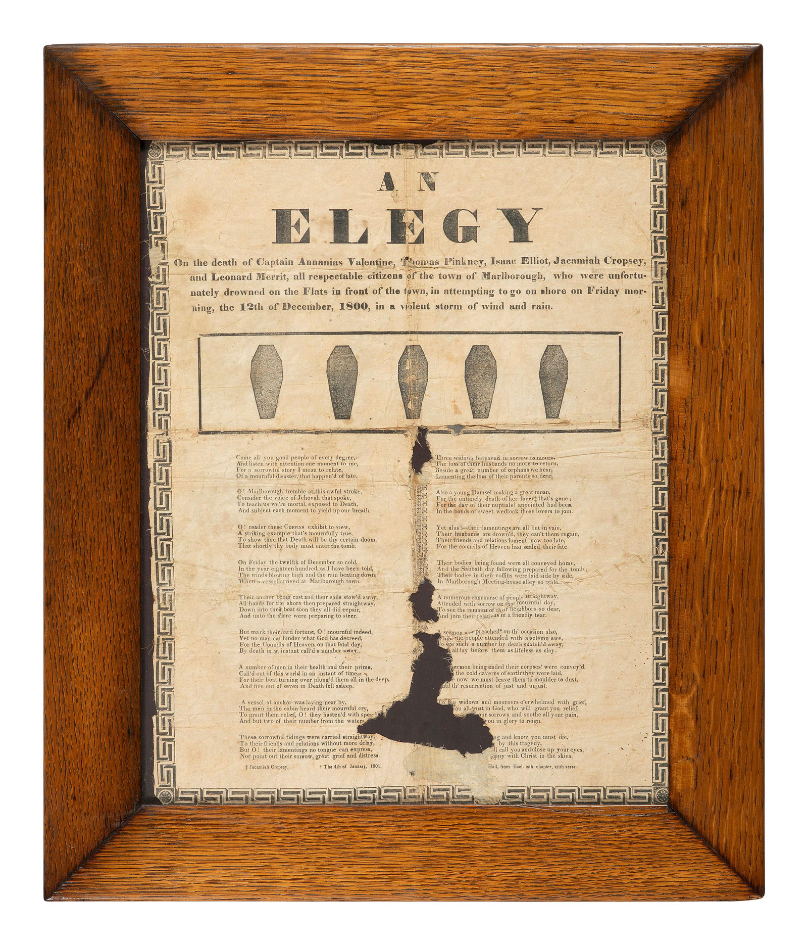 [NEW YORK] -- [MEMORIAL]. An Elegy of the Death of Captain Annanias Valentine, Thomas Pinckney,: [NEW YORK] -- [MEMORIAL]. An Elegy of the Death of Captain Annanias Valentine, Thomas Pinckney, Isaac Elliot, Jacamiah Cropsey, and Leonard Merrit, all respectable citizens of the town of Marlborough,