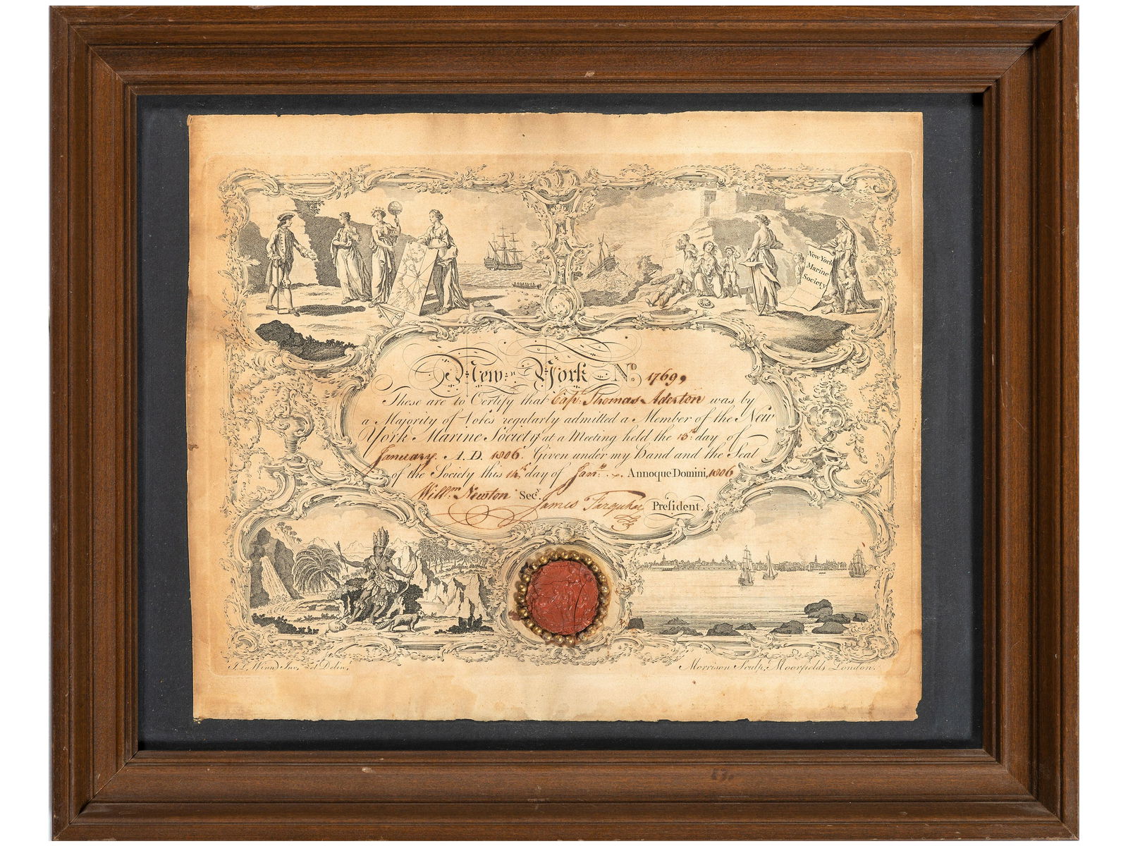 [NEW YORK].  New York Marine Society engraved certificate presented to Captain Thomas Adeston. (1 of 2)