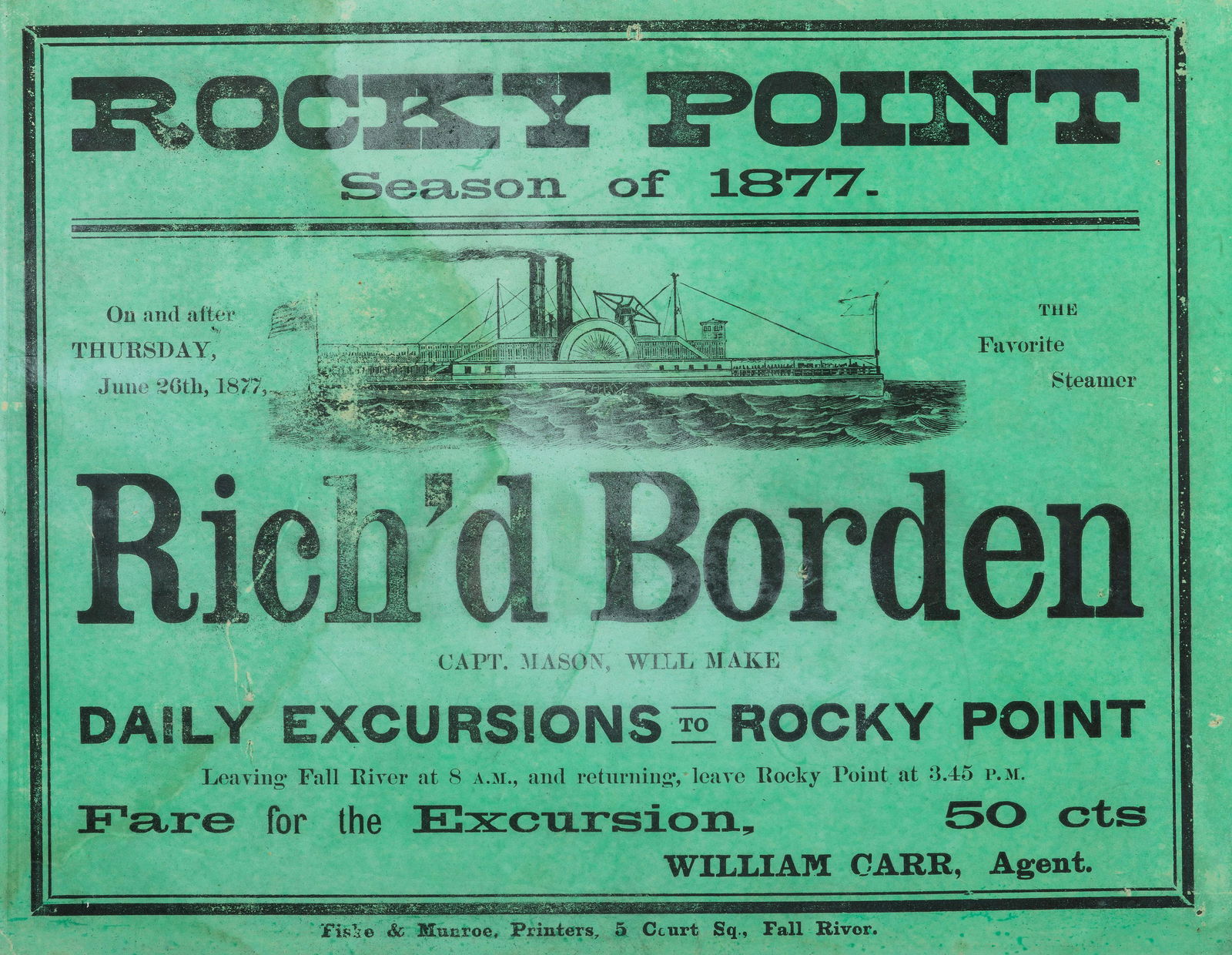 [TRANSPORTATION]. Rocky Point Season of 1877. Rich'd Borden.  Fall River, [MA]: Fiske & Munroe, (1 of 1)