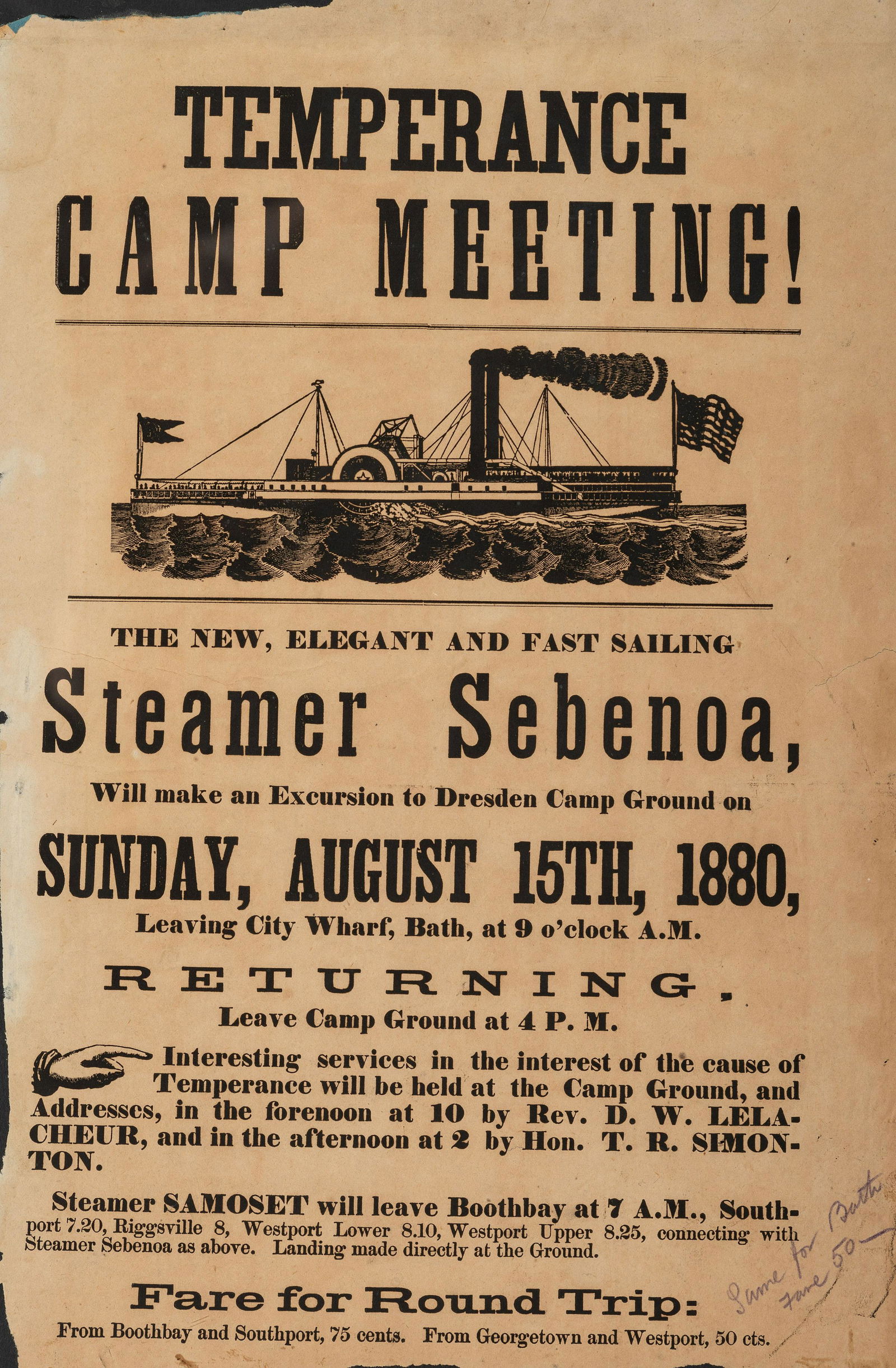 [TRANSPORTATION]. -- [SOCIAL MOVEMENTS]. Temperance Camp Meeting! The New, Elegant and Fast Sailing (1 of 1)