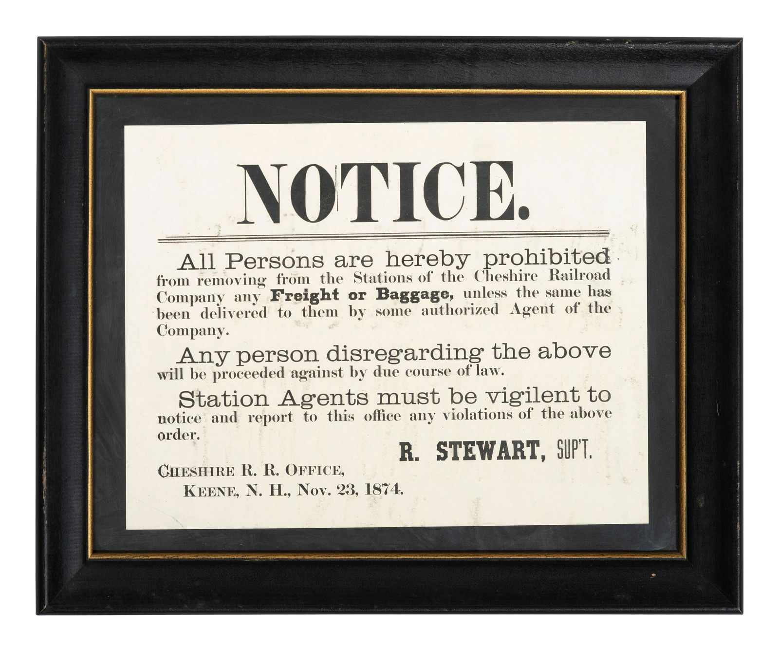 [TRANSPORTATION]. Notice. Keene, NH: N.p., 23 November 1874. Cheshire Railroad broadside.  (1 of 2)