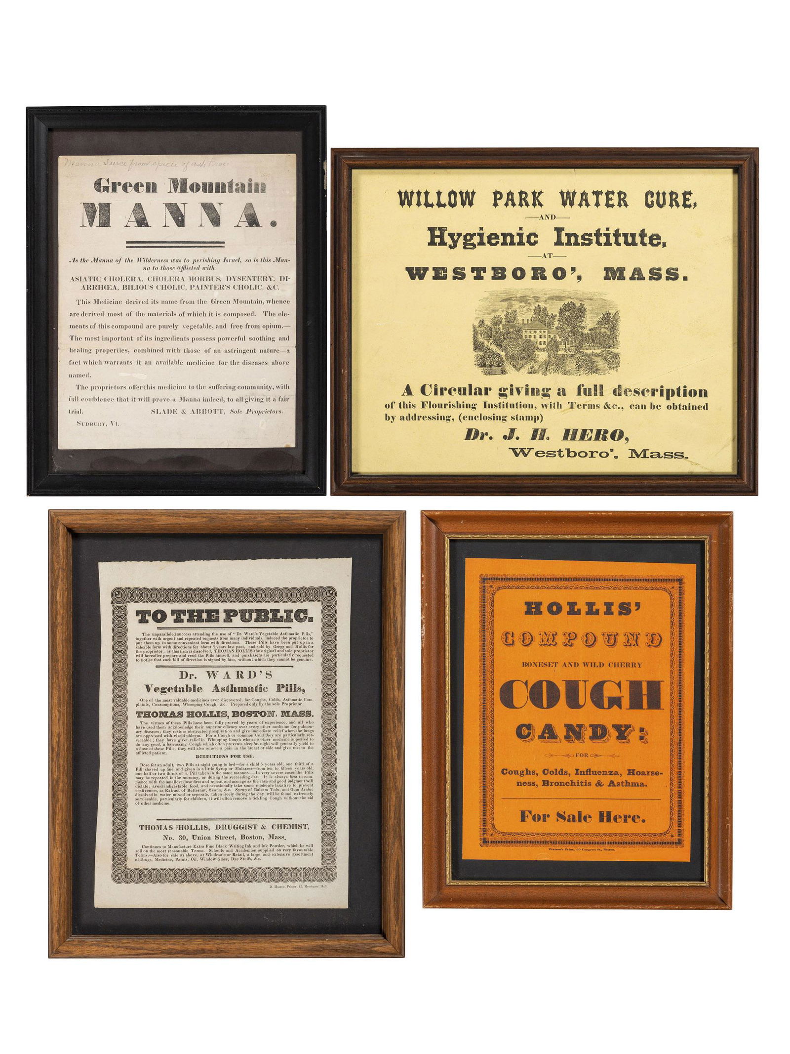[ADVERTISING] -- [MEDICINE]. A group of 4 broadsides advertising medicines and a treatment facility, (1 of 5)